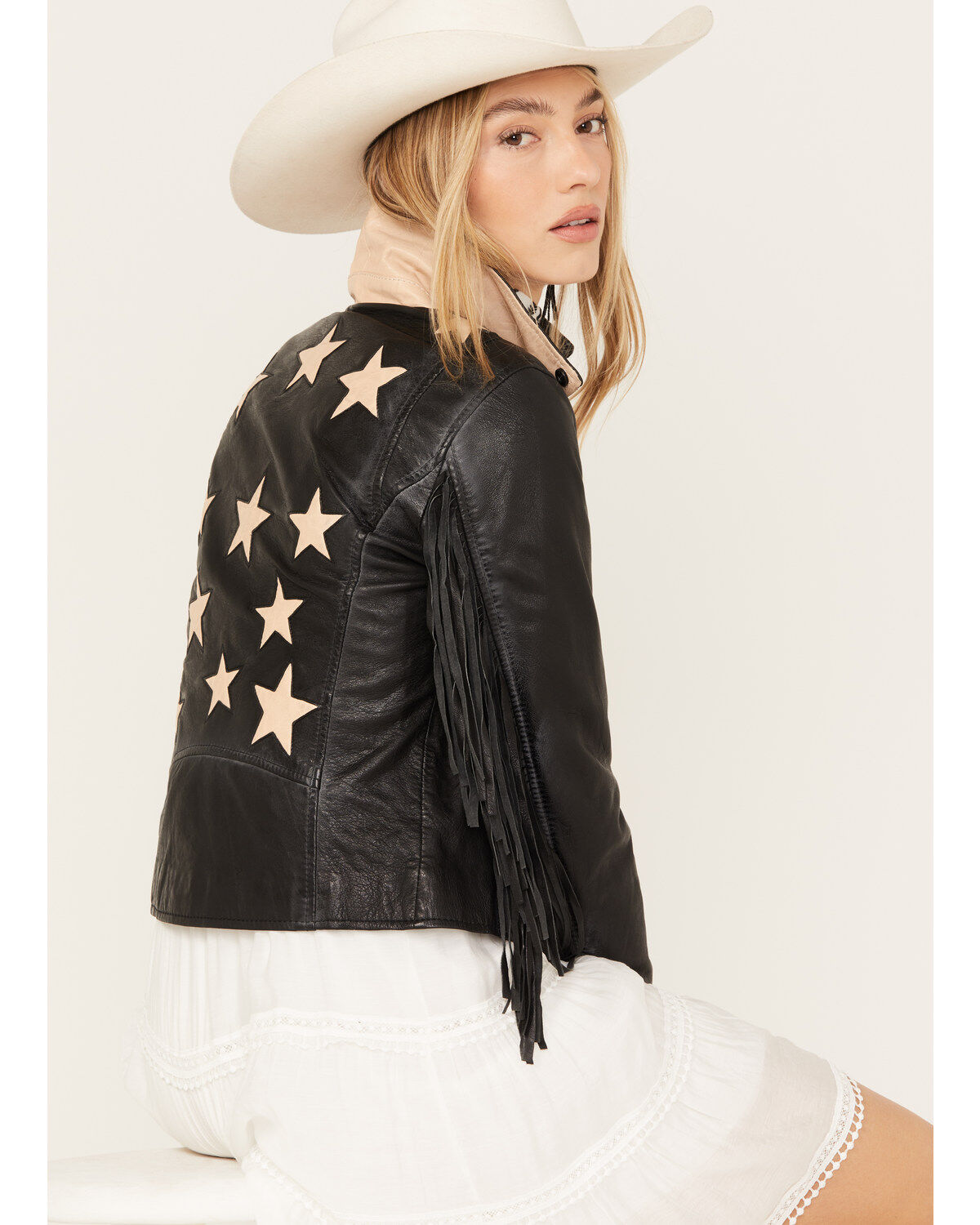 Mauritius Leather Women's Crissy Star and Fringe Detail Leather Jacket