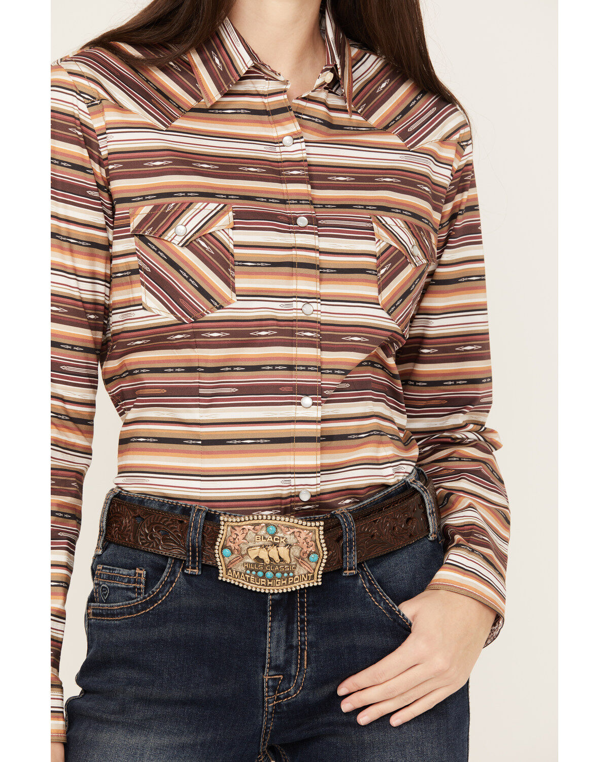 Rough Stock by Panhandle Women's Southwestern Striped Long Sleeve Western Pearl Snap Shirt
