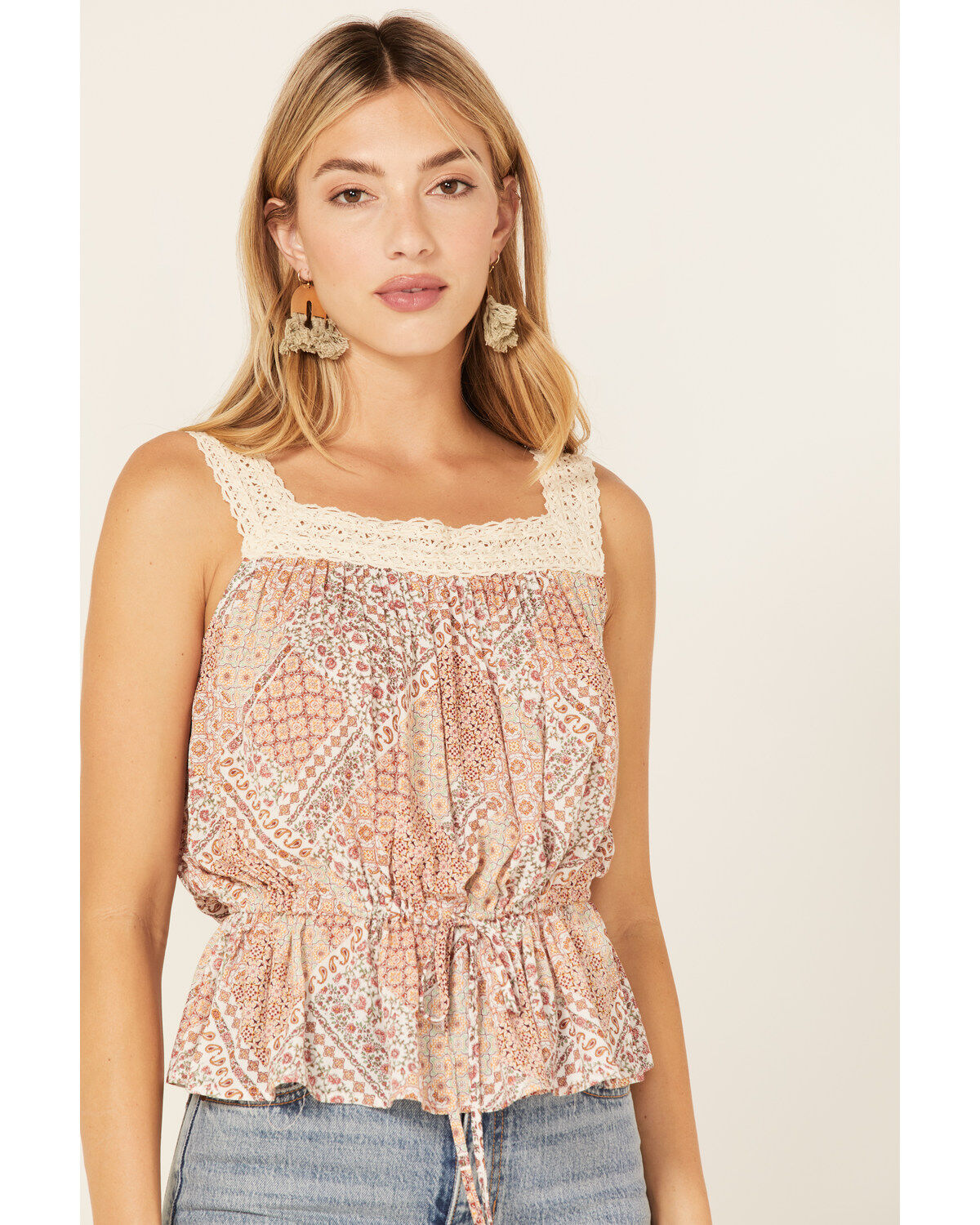 Wild Moss Women's Floral Paisley Patchwork Crochet Tank Top