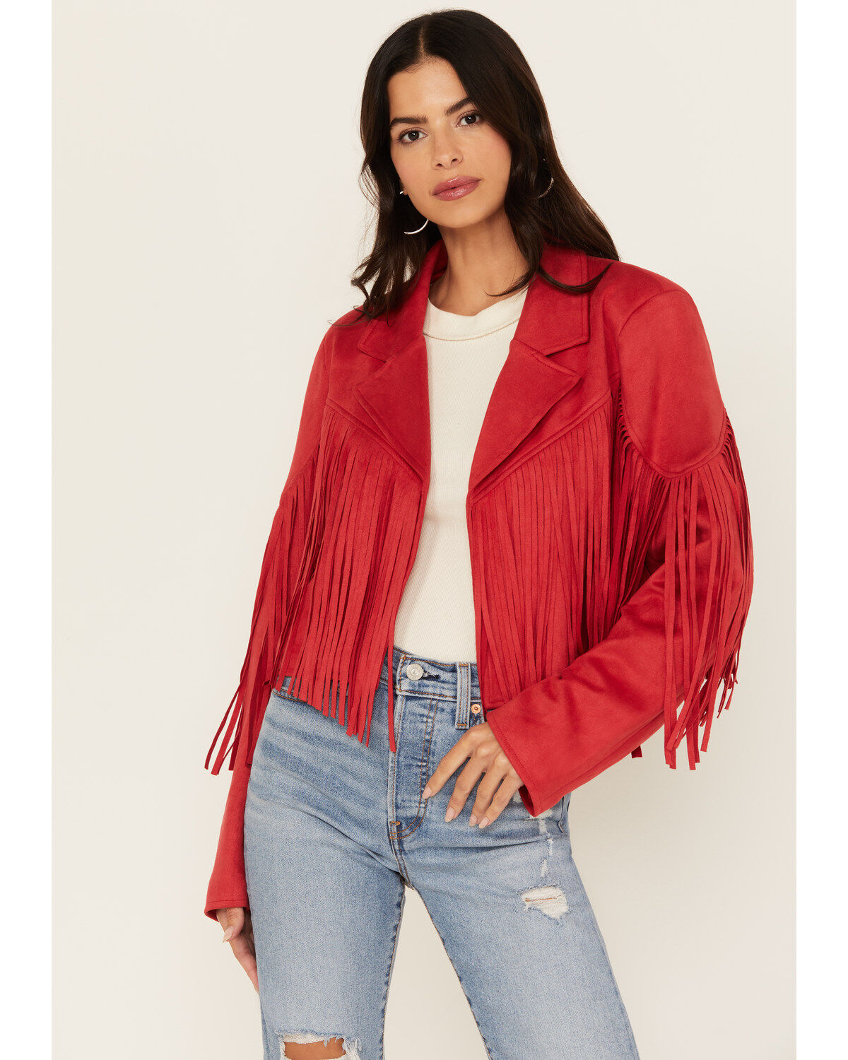 Saints & Hearts Women's Faux Suede Cropped Fringe Jacket