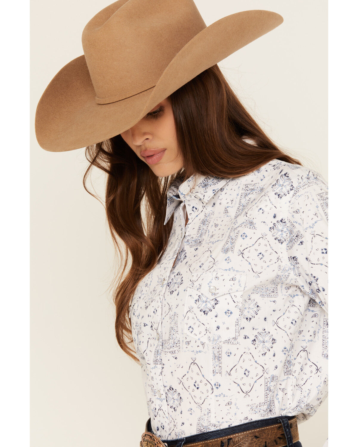 Rough Stock by Panhandle Women's Bandana Print Long Sleeve Pearl Snap Stretch Western Shirt