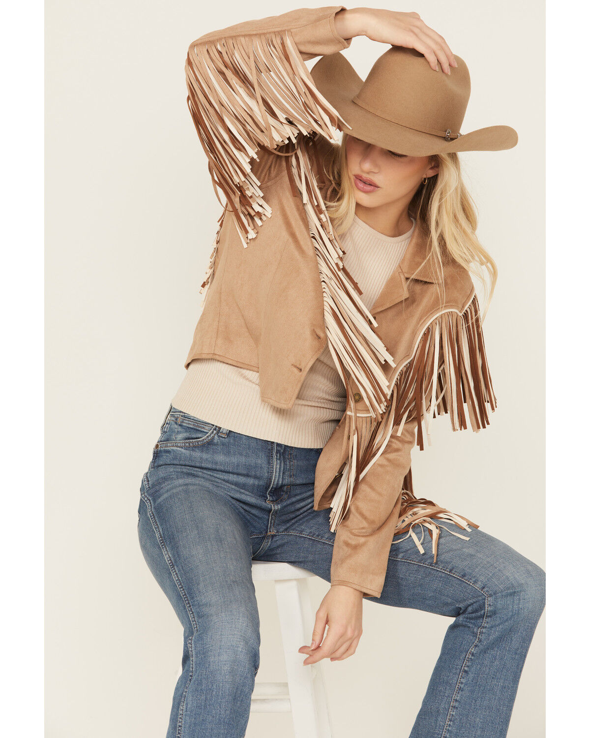 Saints & Hearts Women's Faux Fringe Suede Button-Down Jacket