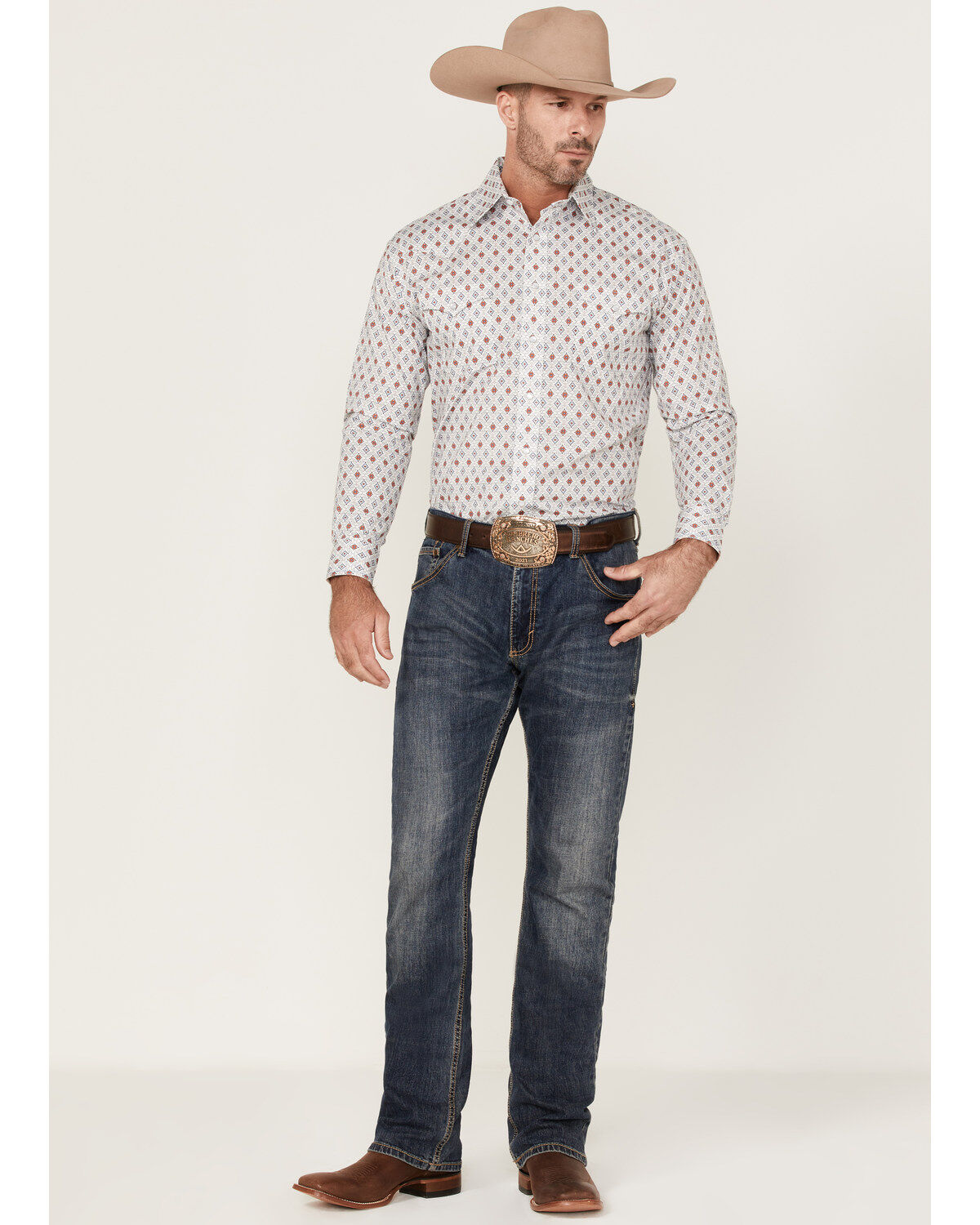 Rough Stock By Panhandle Men's Fancy Diamond Print Long Sleeve Pearl Snap Western Shirt