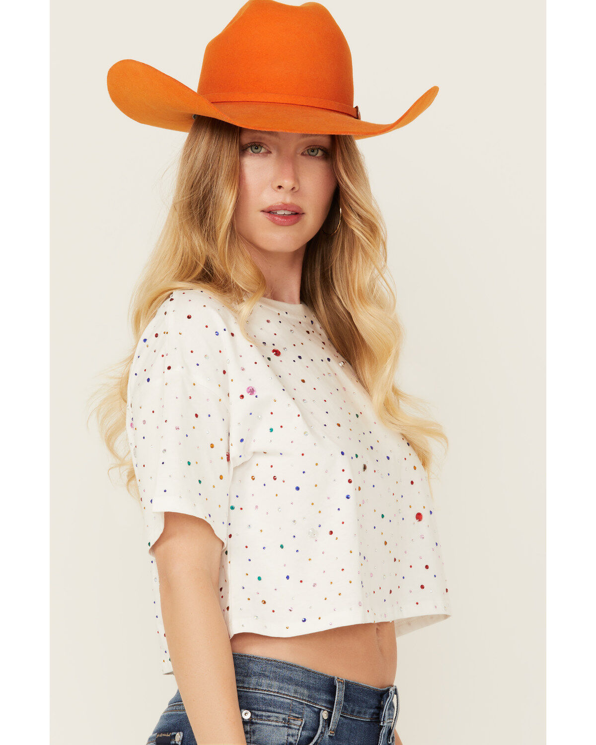 Blue B Women's Rhinestone Short Sleeve Cropped Tee