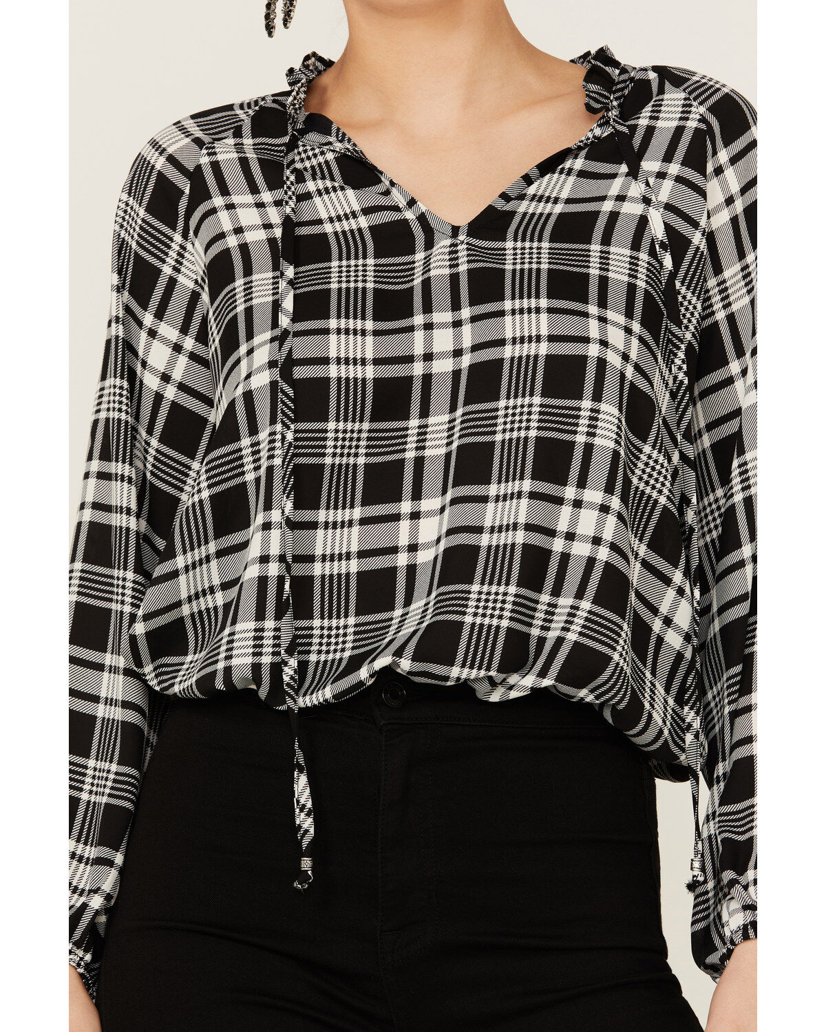 Wild Moss Women's Long Sleeve Tie Neck Peasant Blouse