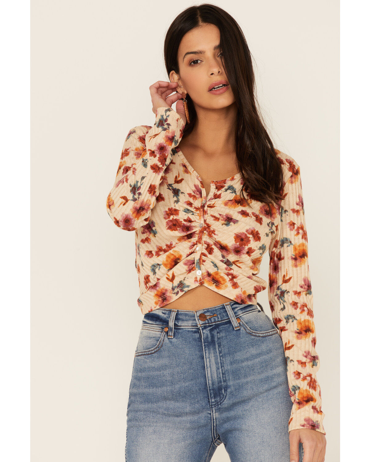 Wild Moss Women's Rust Long Sleeve Floral Button Cinch Front Knit Top