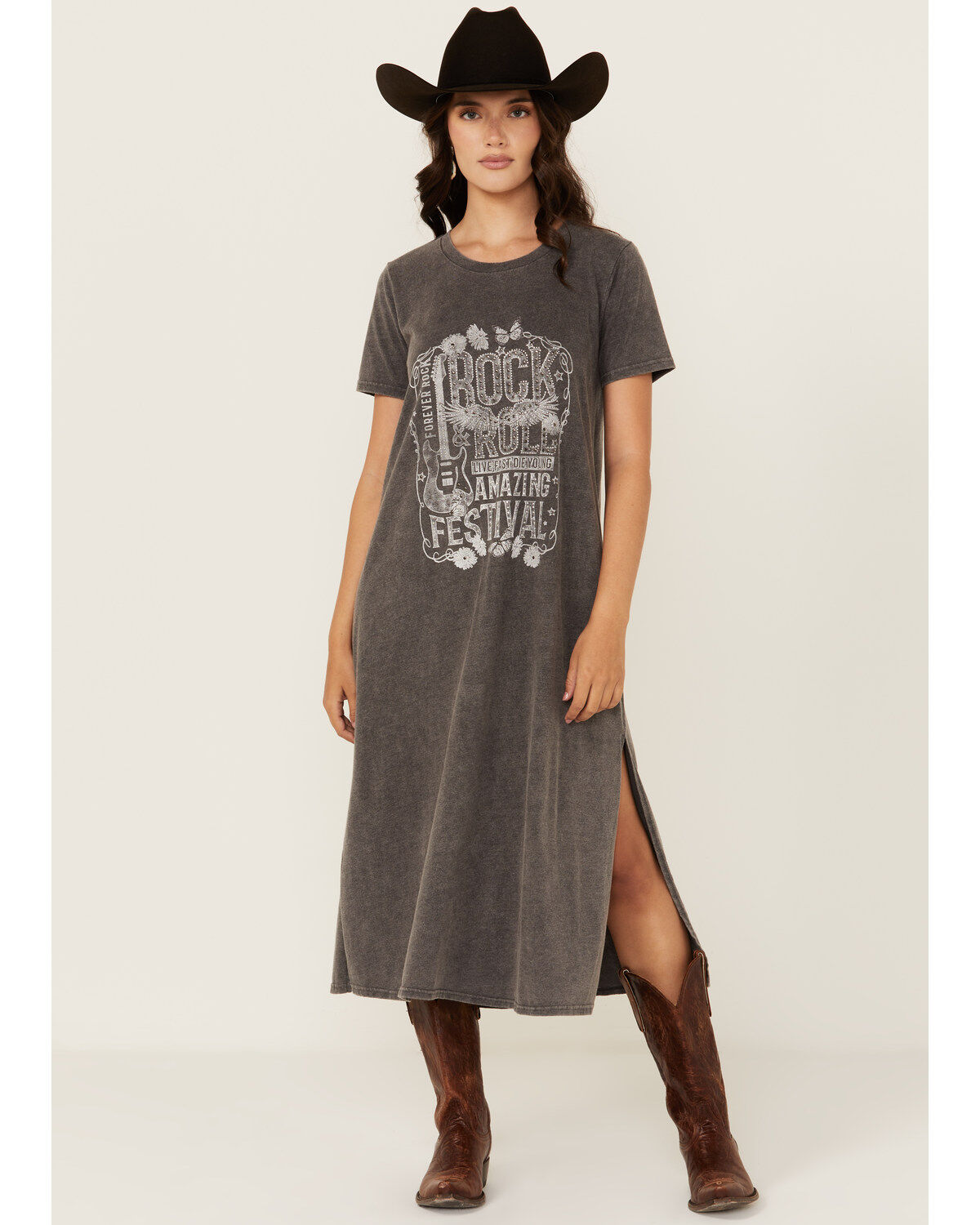 Blended Women's Rock & Roll Short Sleeve Graphic Midi T-Shirt Dress