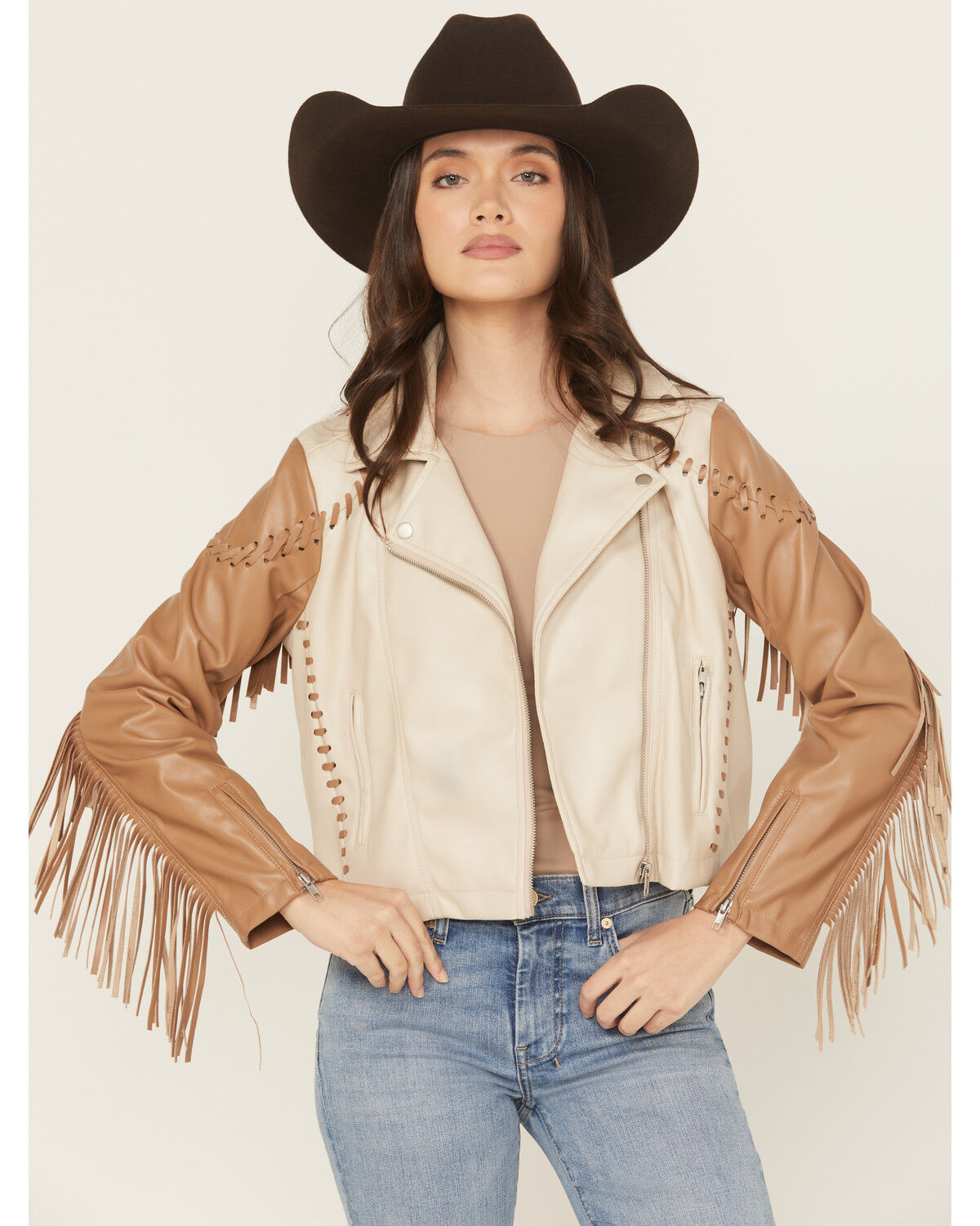 Blue B Women's Fringe Whip Stitch Faux Leather Moto Jacket