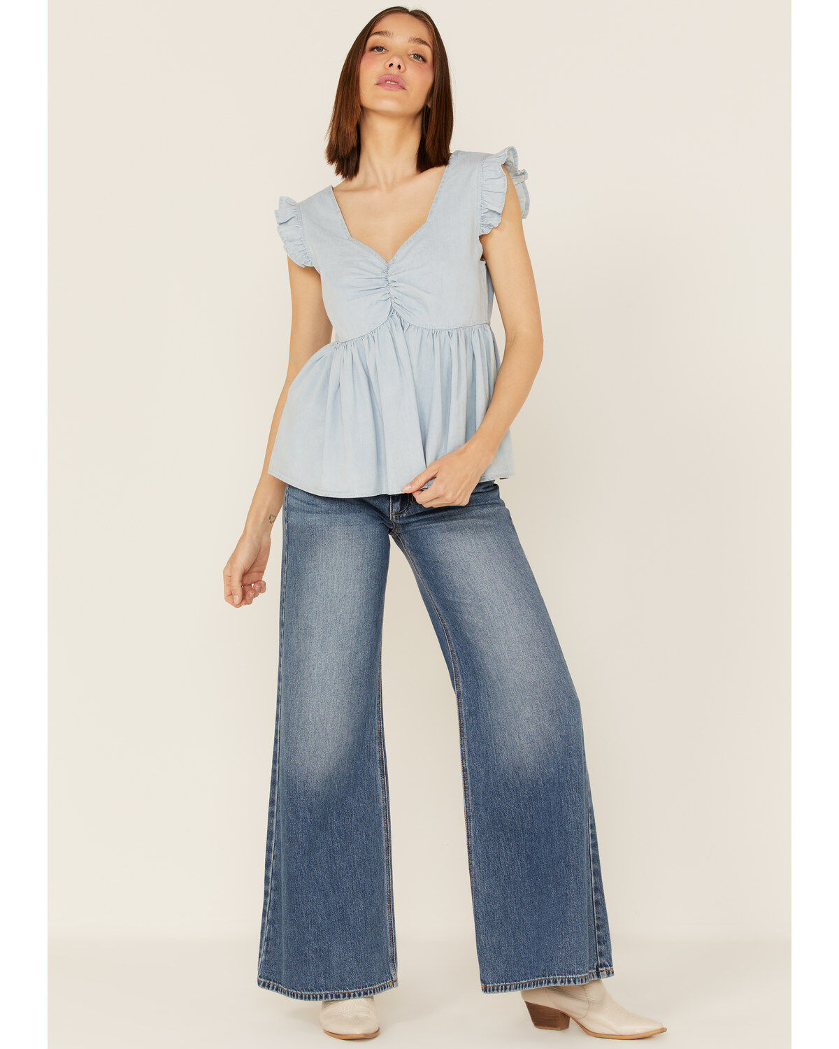 Molly Bracken Women's Sweetheart Flutter Sleeve Denim Top