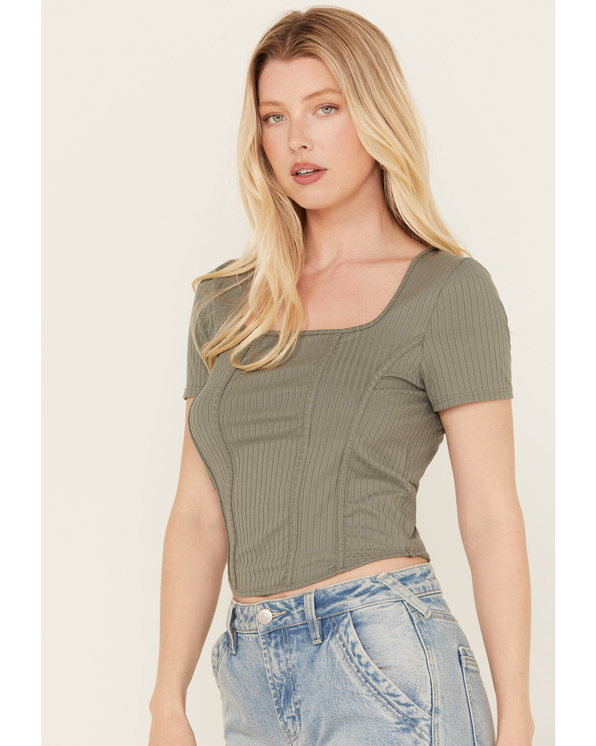 Moa Moa Women's Ribbed Corset Style Short Sleeve Top