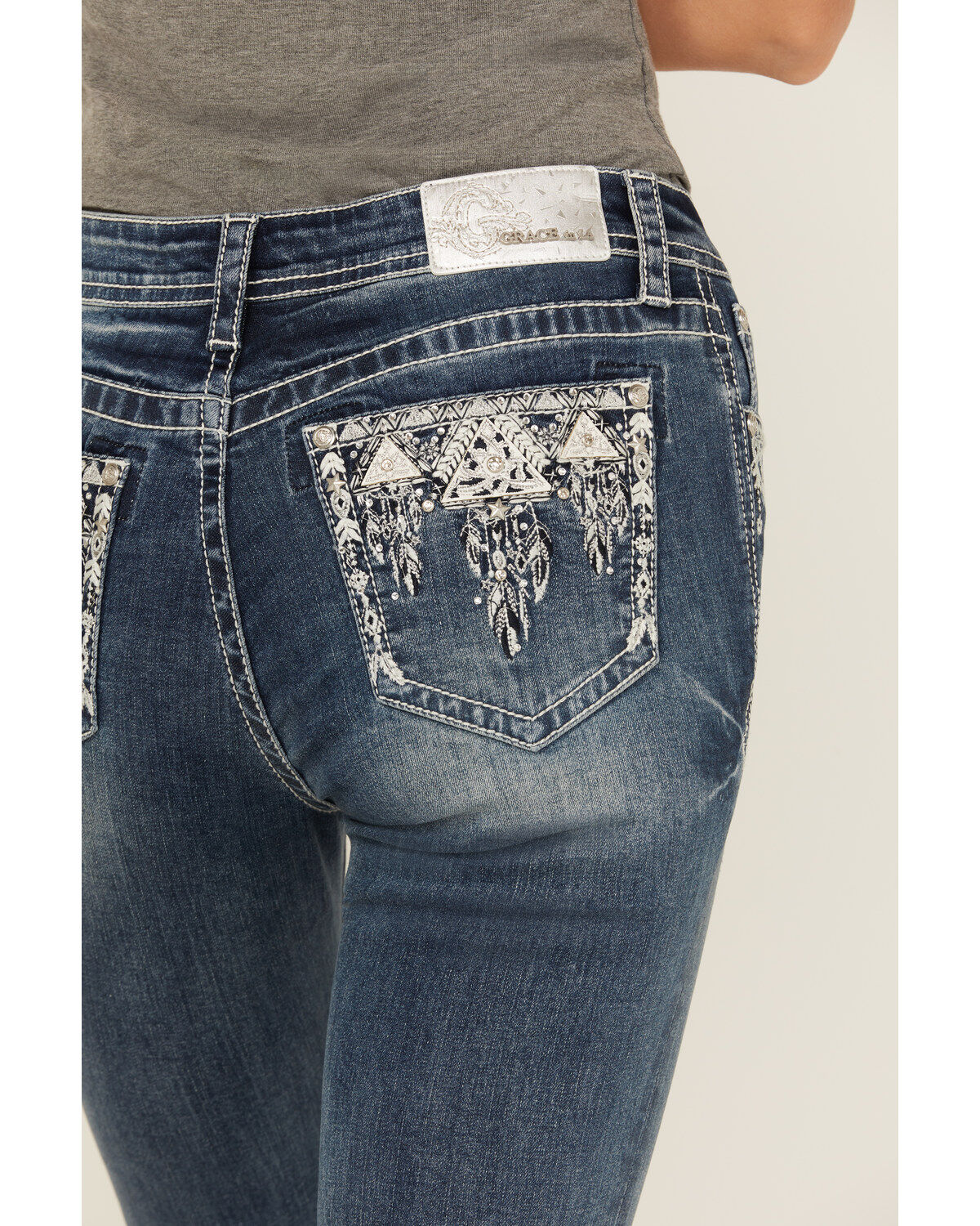 Grace in LA Women's Medium Wash Mid Rise Feather Pocket Bootcut Stretch Denim Jeans