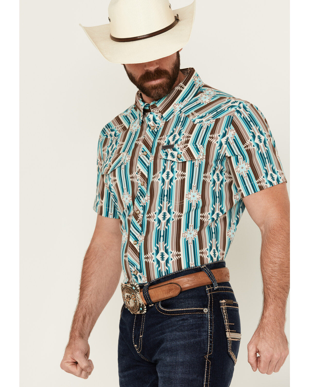 Panhandle Men's Southwestern Print Short Sleeve Snap Performance Stretch Western Shirt