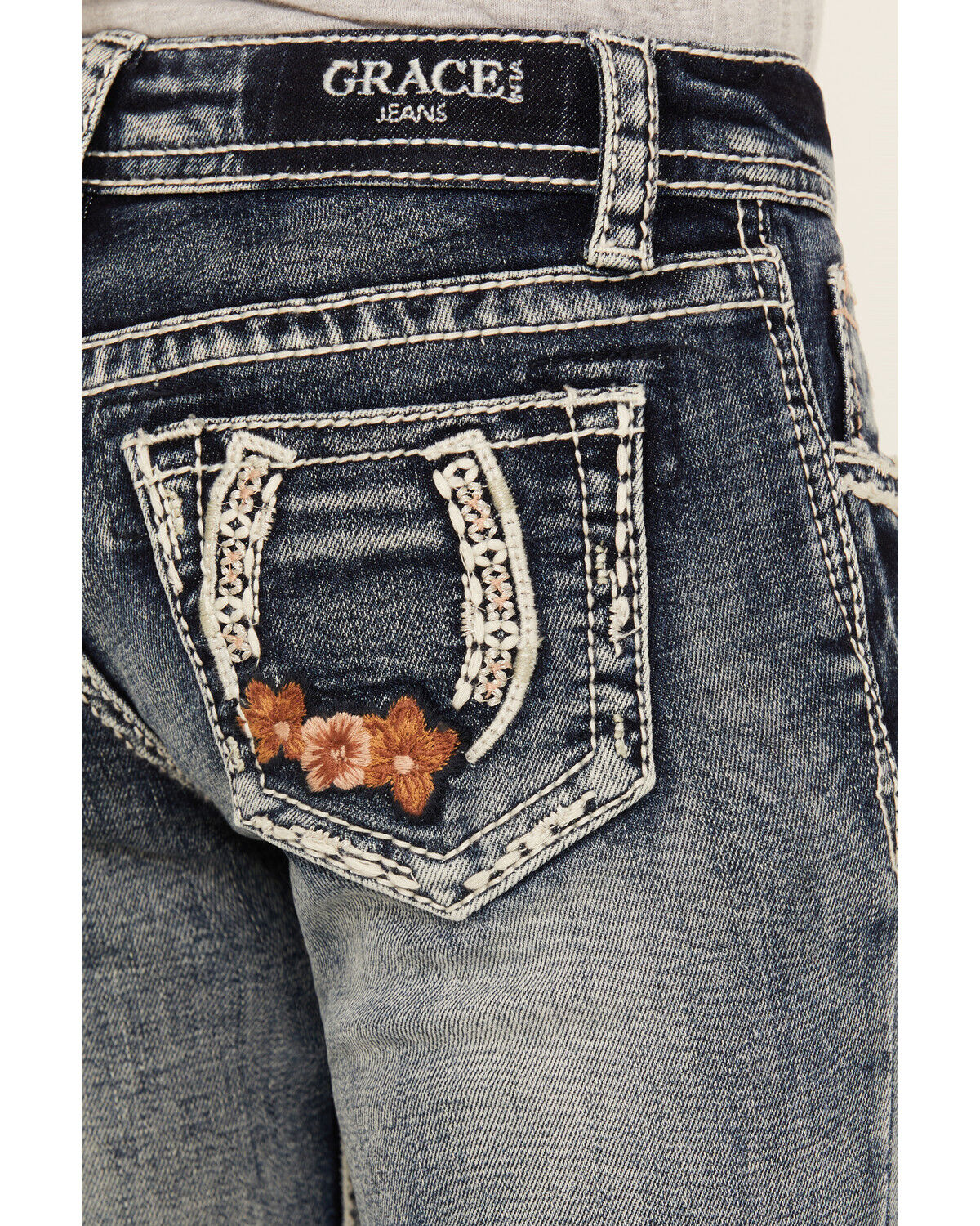Grace in LA Little Girls' Light Wash Horseshoe Floral Bootcut Denim Jeans
