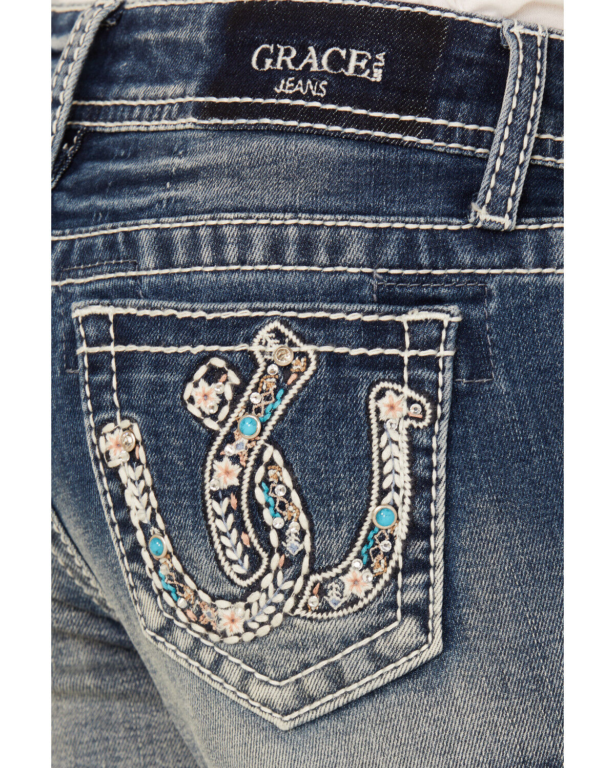 Grace In LA Girls' Double Horseshoe Embroidered Bootcut Stretch Denim Jeans