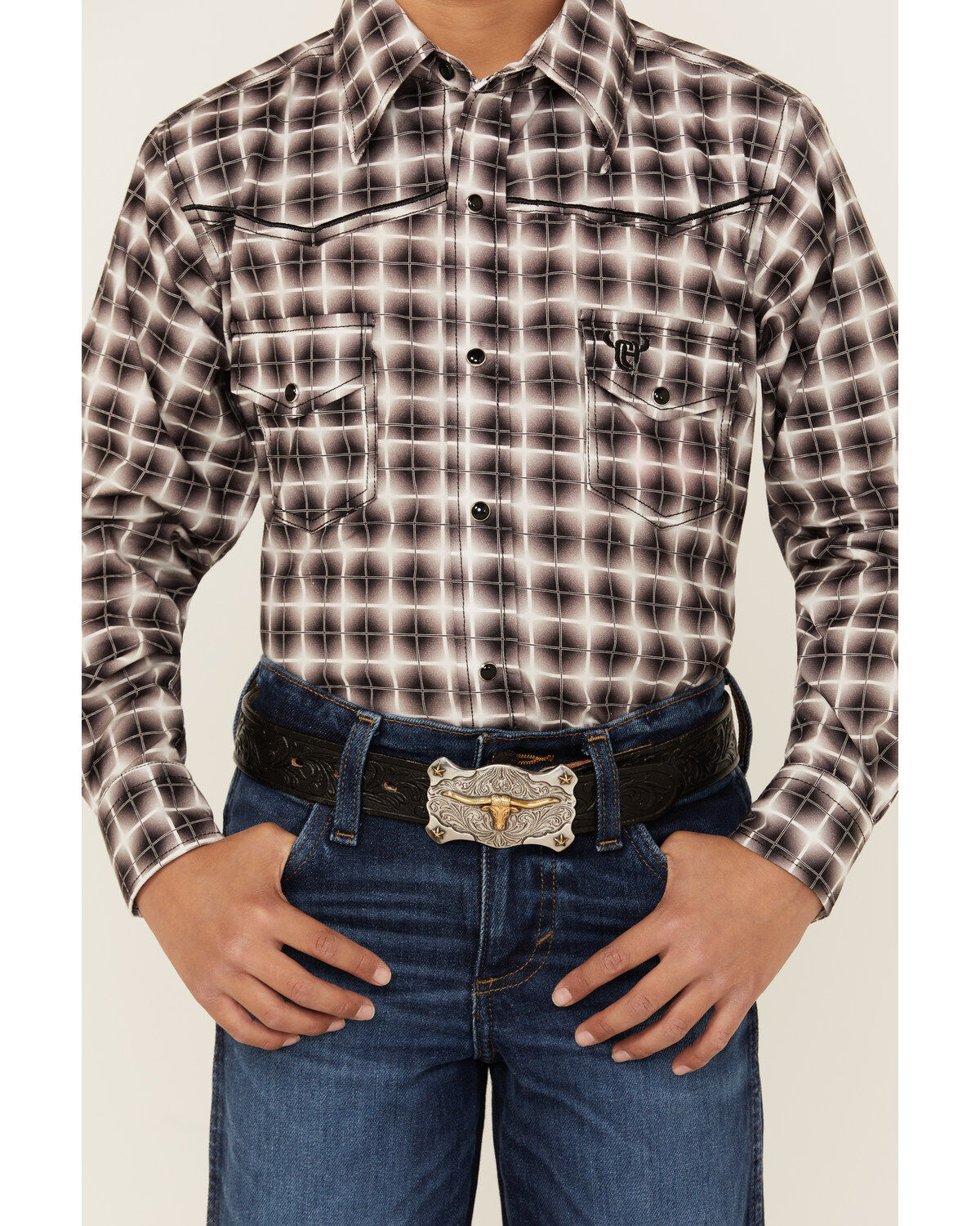 Cowboy Hardware Boys' Plaid Print Long Sleeve Snap Stretch Western Shirt
