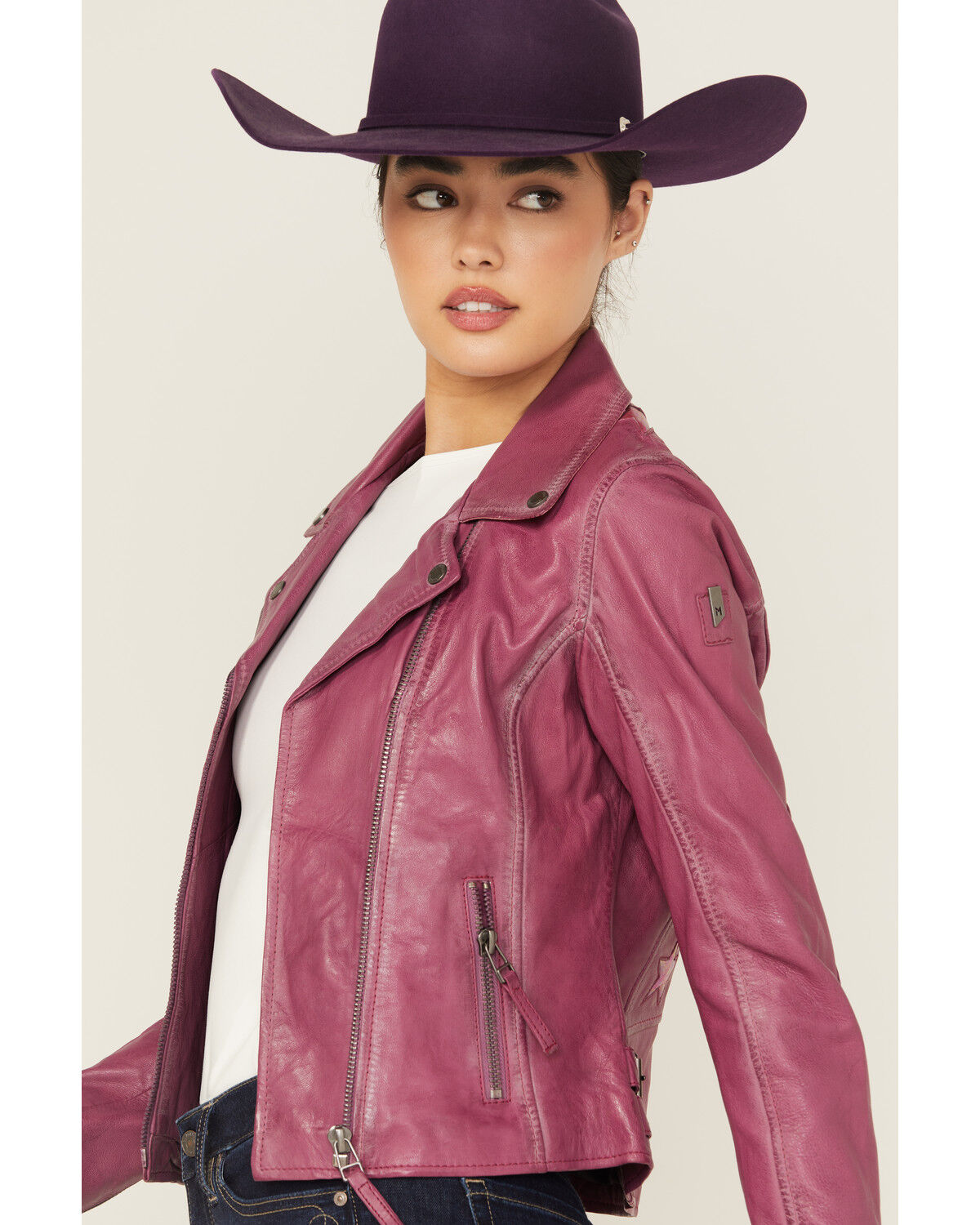 Mauritius Leather Women's Christy Star Zip-Front Moto Leather Jacket