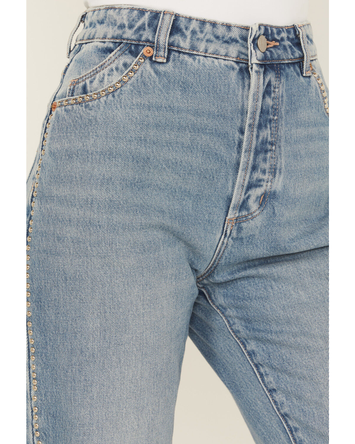 Rolla's X AC/DC Women's Medium Wash Mid Rise Studded 90s Relaxed Straight Denim Jeans