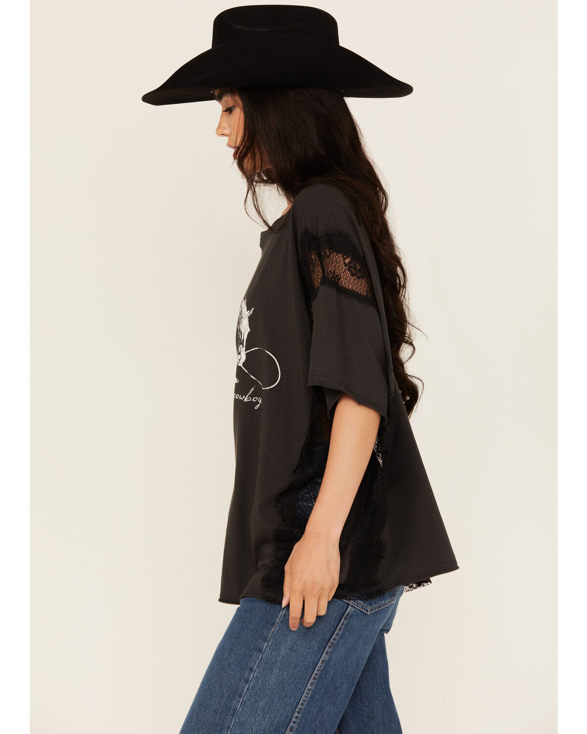 Originality Women's Cowboy Lace Short Sleeve Graphic Tee