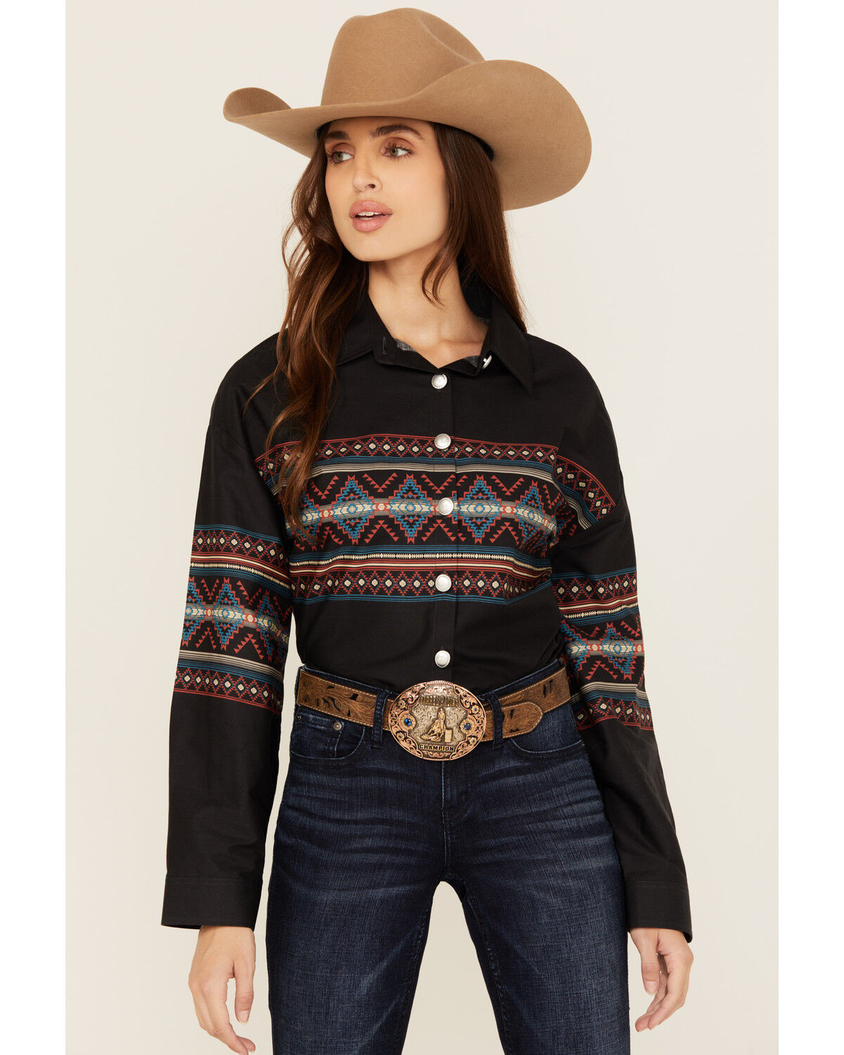 Rock & Roll Denim Women's Southwestern Border Print Cropped Long Sleeve Button-Down Western Shirt