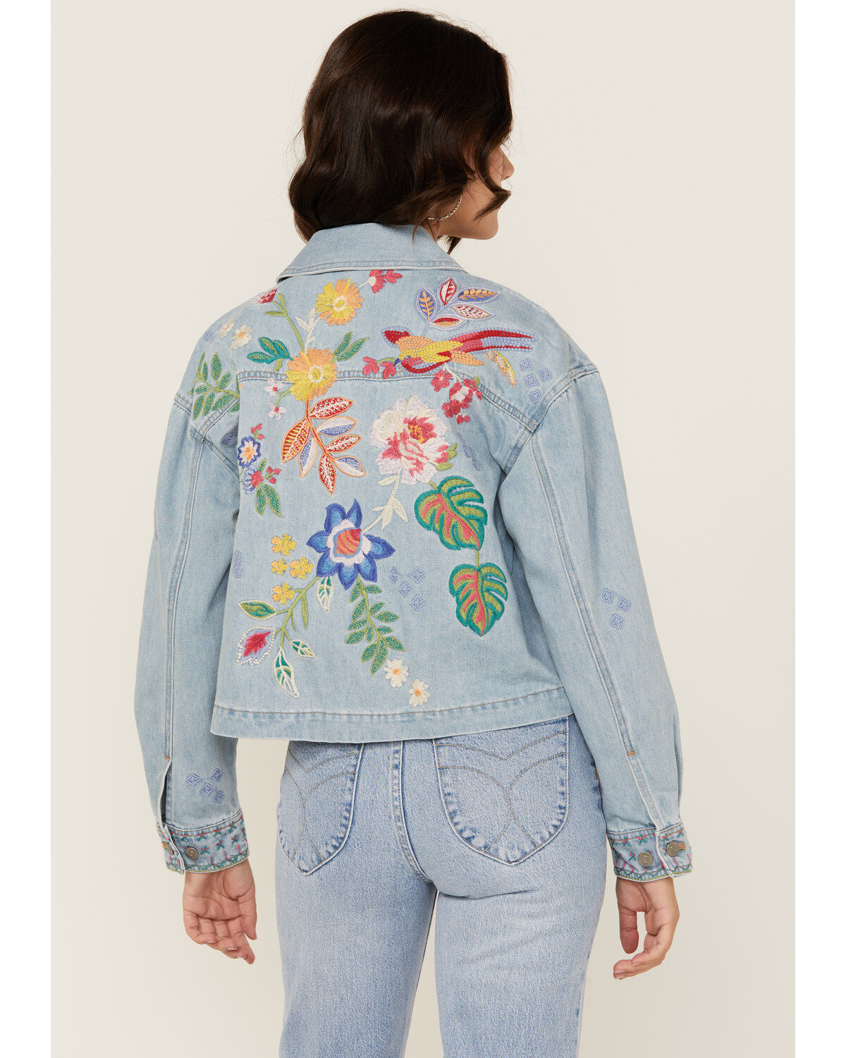 Johnny Was Women's Light Wash Floral Embroidered Cropped Denim Jacket