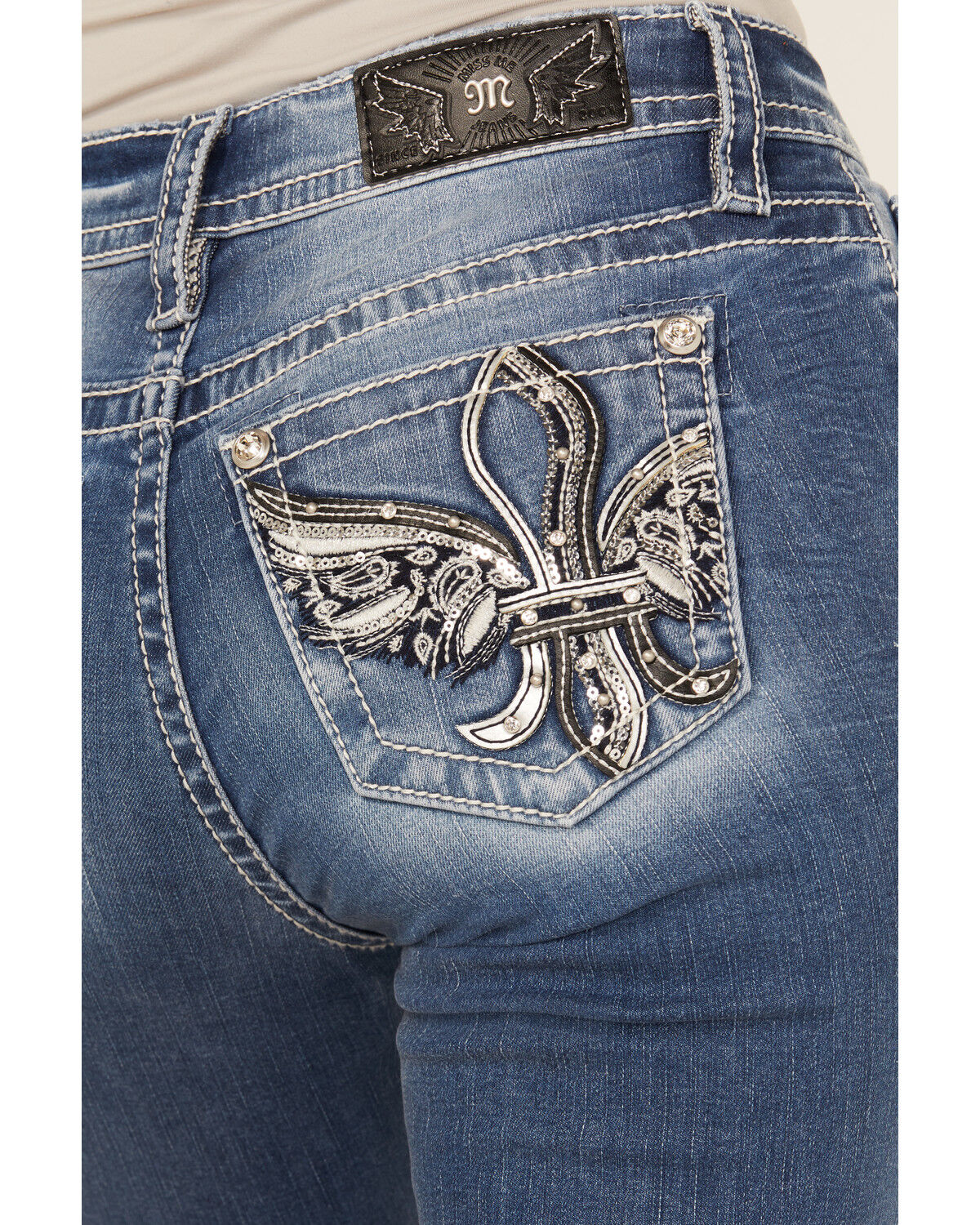 Miss Me Women's Medium Wash Mid Rise Fleur de Lis Pocket Bootcut Stretch Denim Jeans