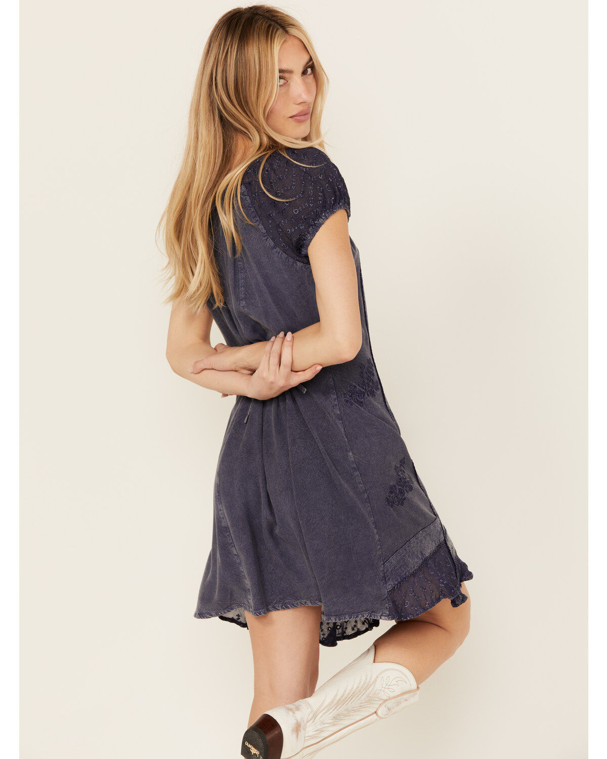 Gunit Women's Denim Floral Short Sleeve Mini Dress