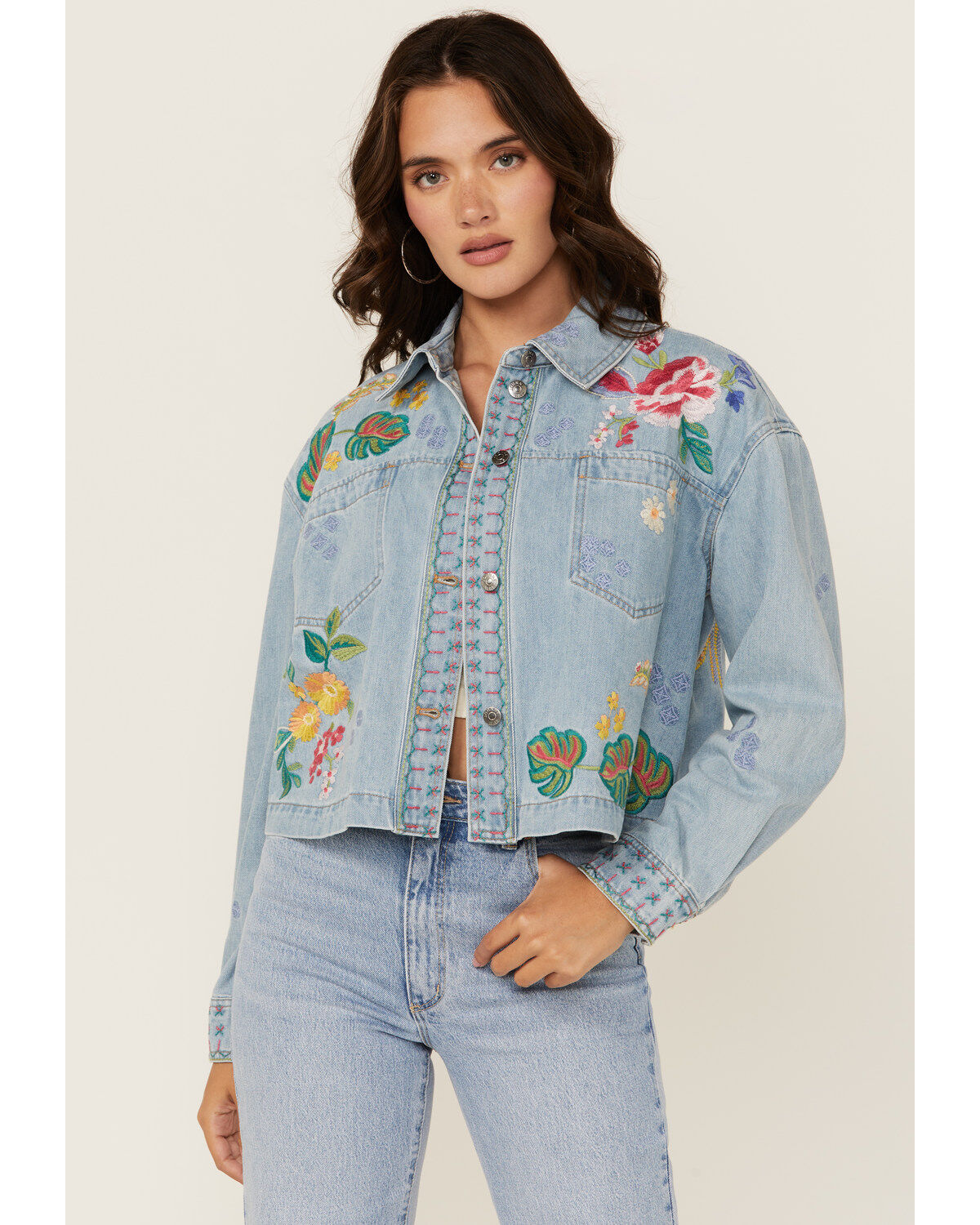 Johnny Was Women's Light Wash Floral Embroidered Cropped Denim Jacket