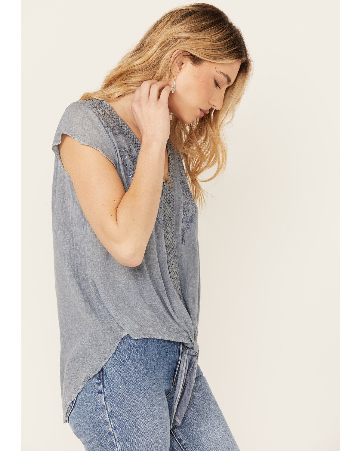 Nostalgia Women's Cap Sleeve Embroidered Tie Front Top