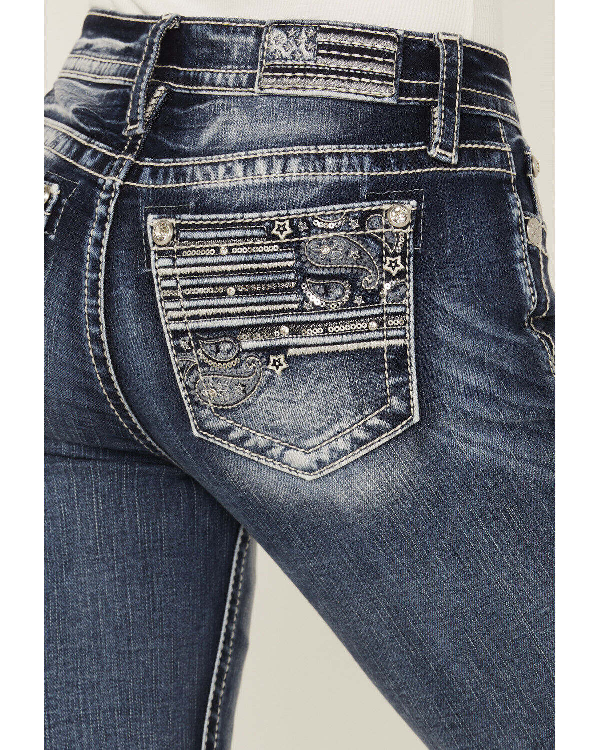 Miss Me Women's Dark Wash Mid Rise Flag Pocket Bootcut Stretch Denim Jeans