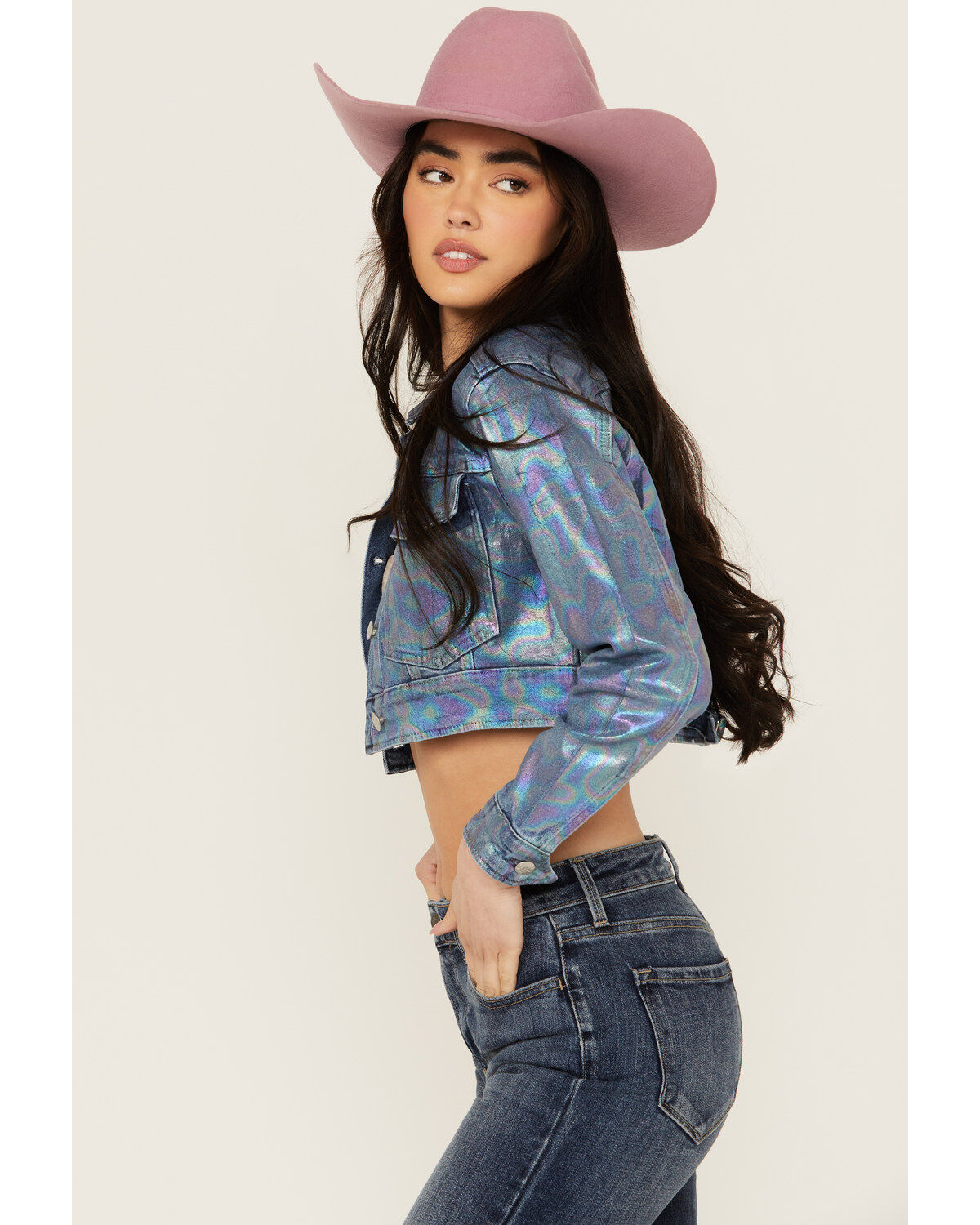 Vibrant Denim Women's Holographic Cropped Denim Jacket