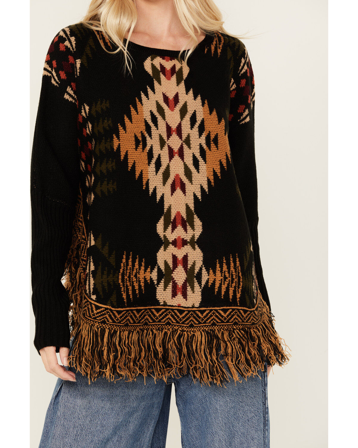 Cotton & Rye Women's Southwestern Fringe Pancho Sweater