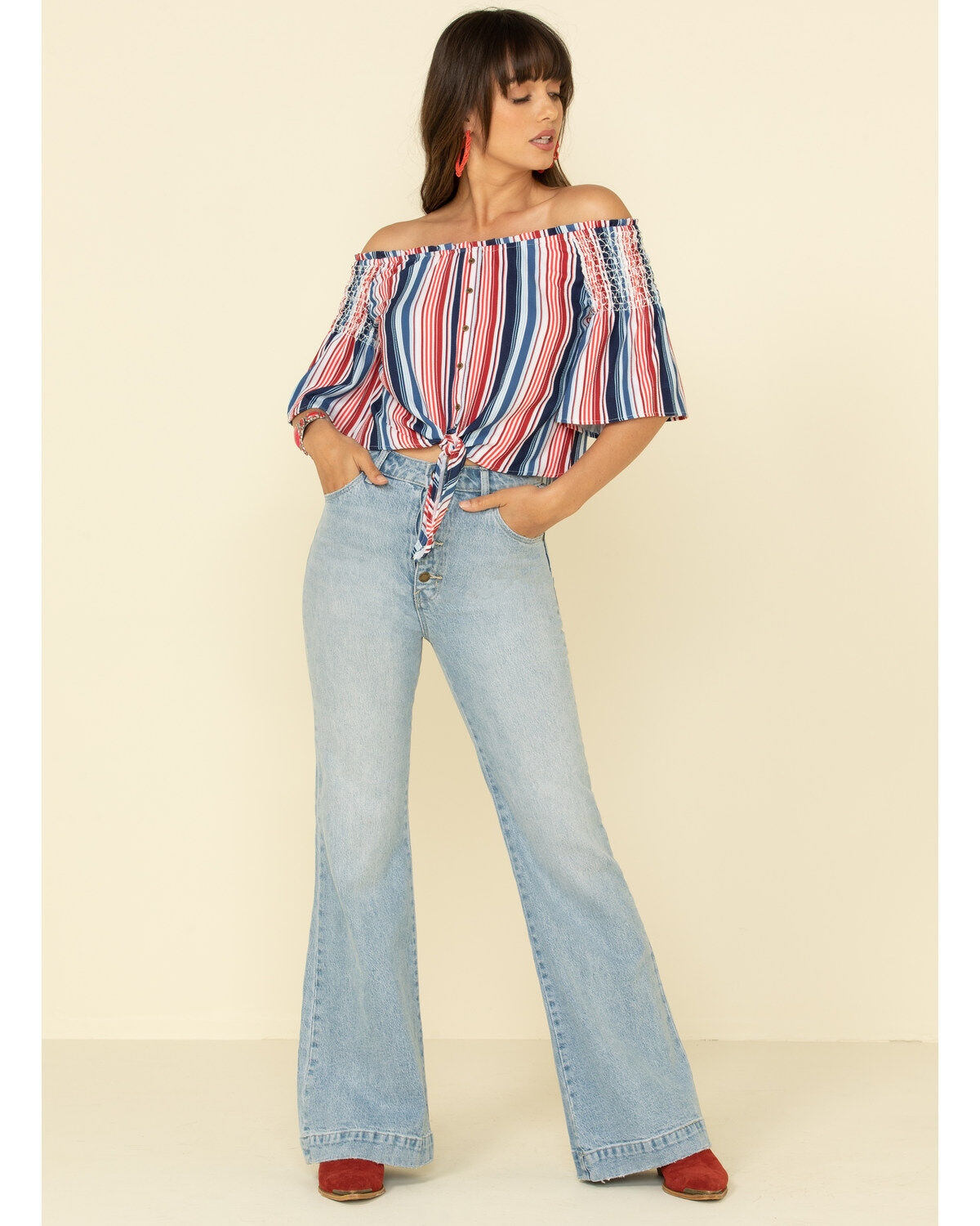 Rock & Roll Denim Women's Americana Stripe Off Shoulder Crop Top