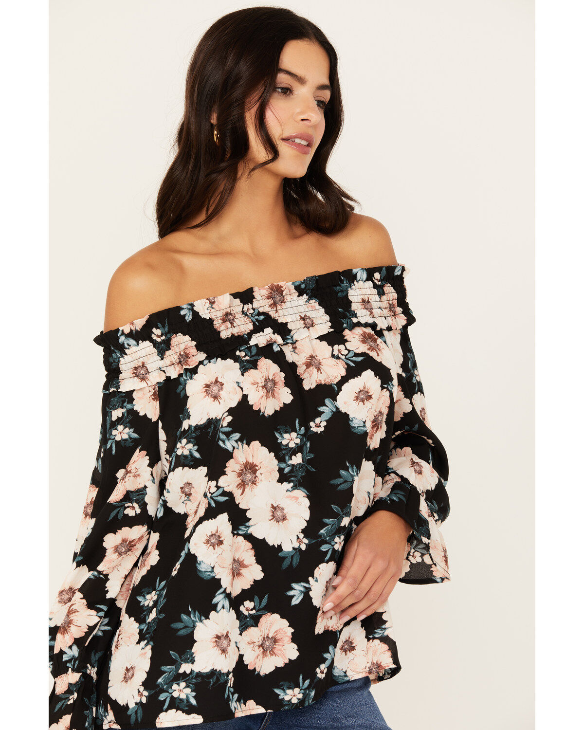 Wild Moss Women's Long Sleeve Off The Shoulder Floral Top