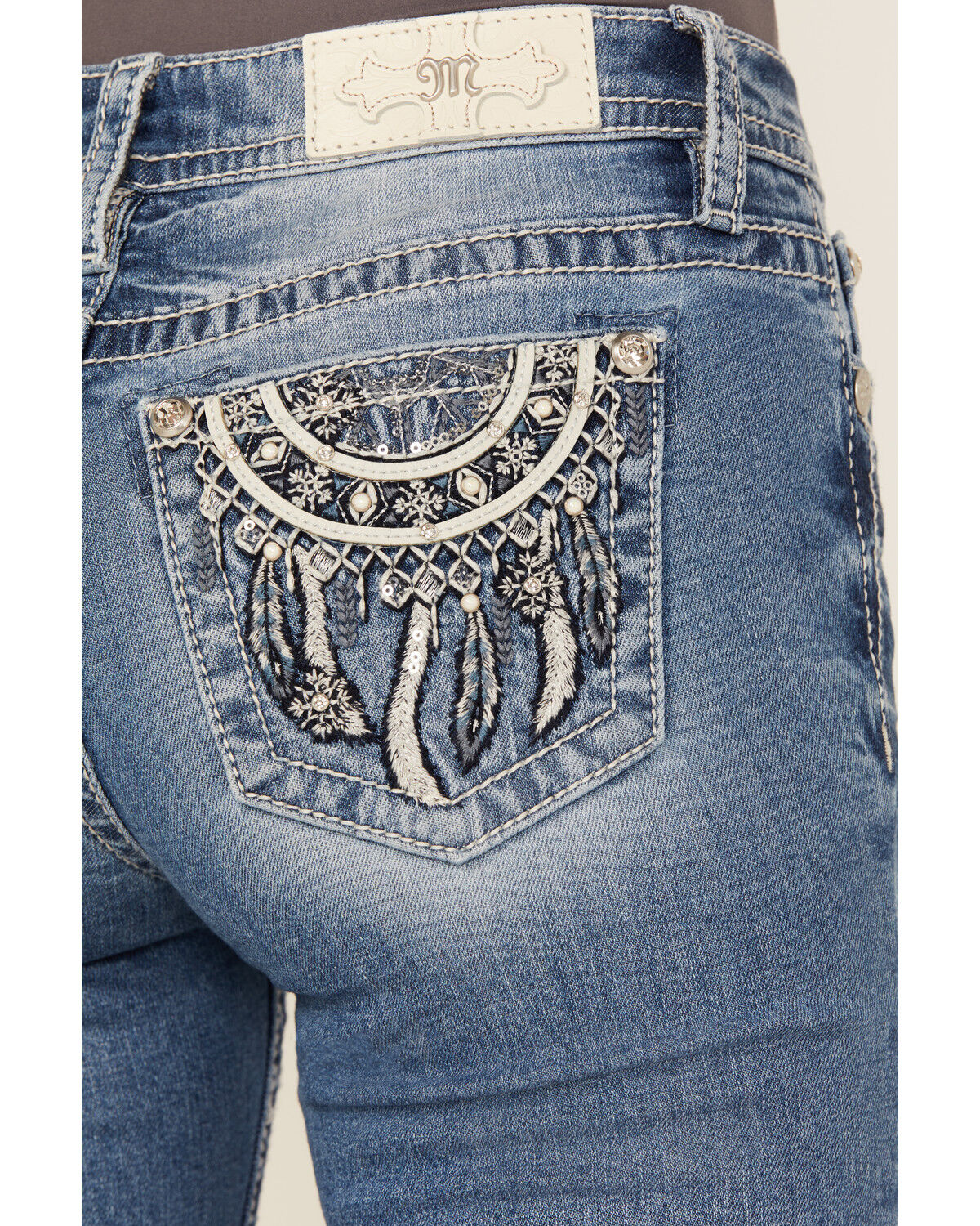 Miss Me Women's Medium Wash Dream Catcher Embroidered Mid Rise Bootcut Stretch Denim Jeans