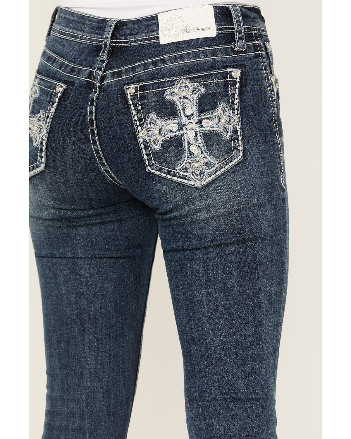 Grace In LA Women's Medium Wash Paisley Cross Pocket Bootcut Stretch Denim Jeans
