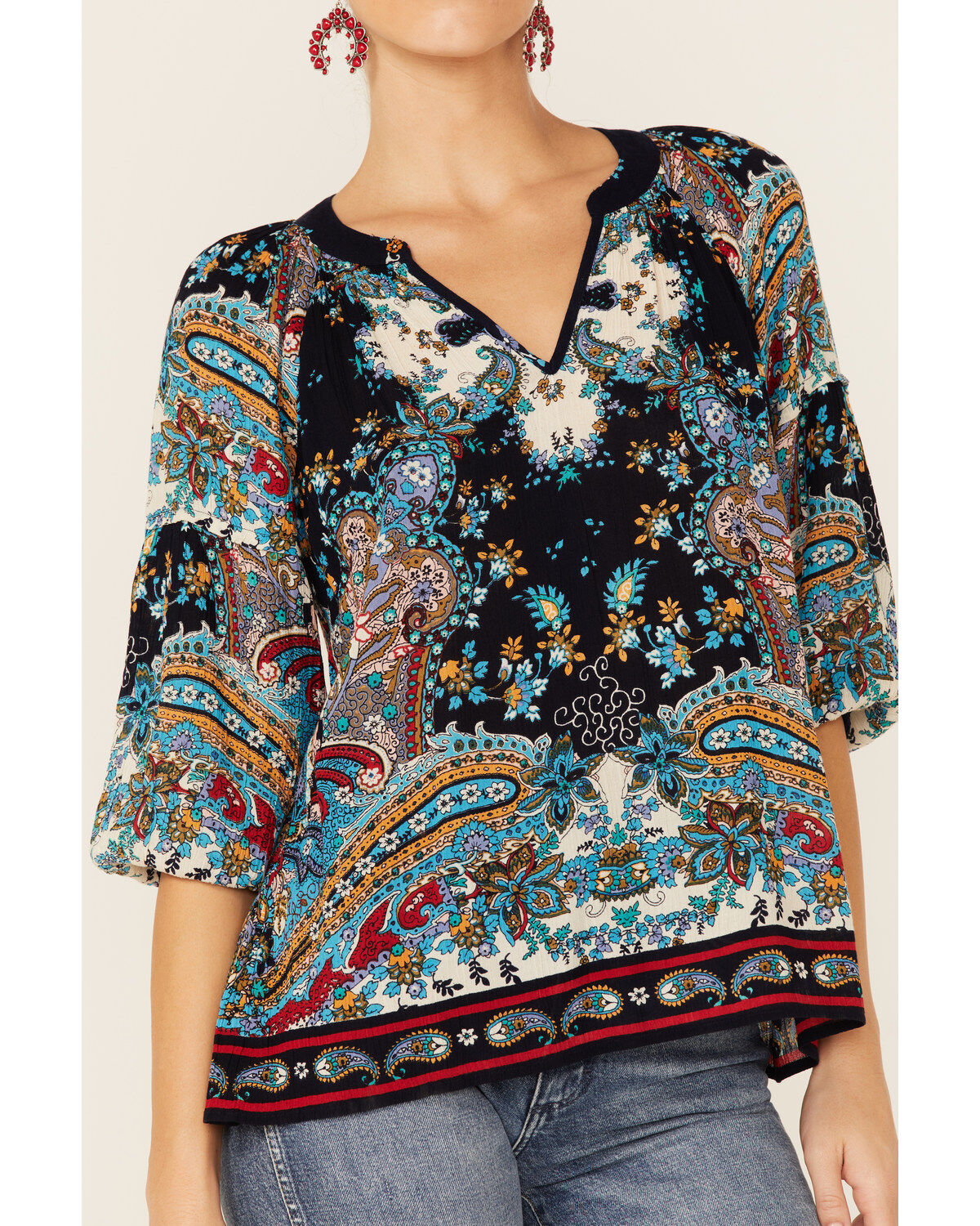 Bila Women's Boho Border Print V-Neckline Top
