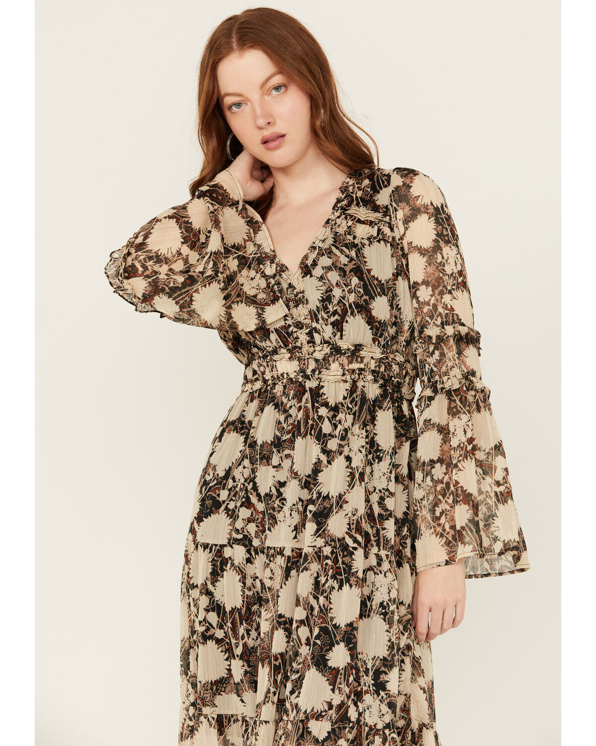 Miss Me Women's Floral Print Long Sleeve Midi Dress