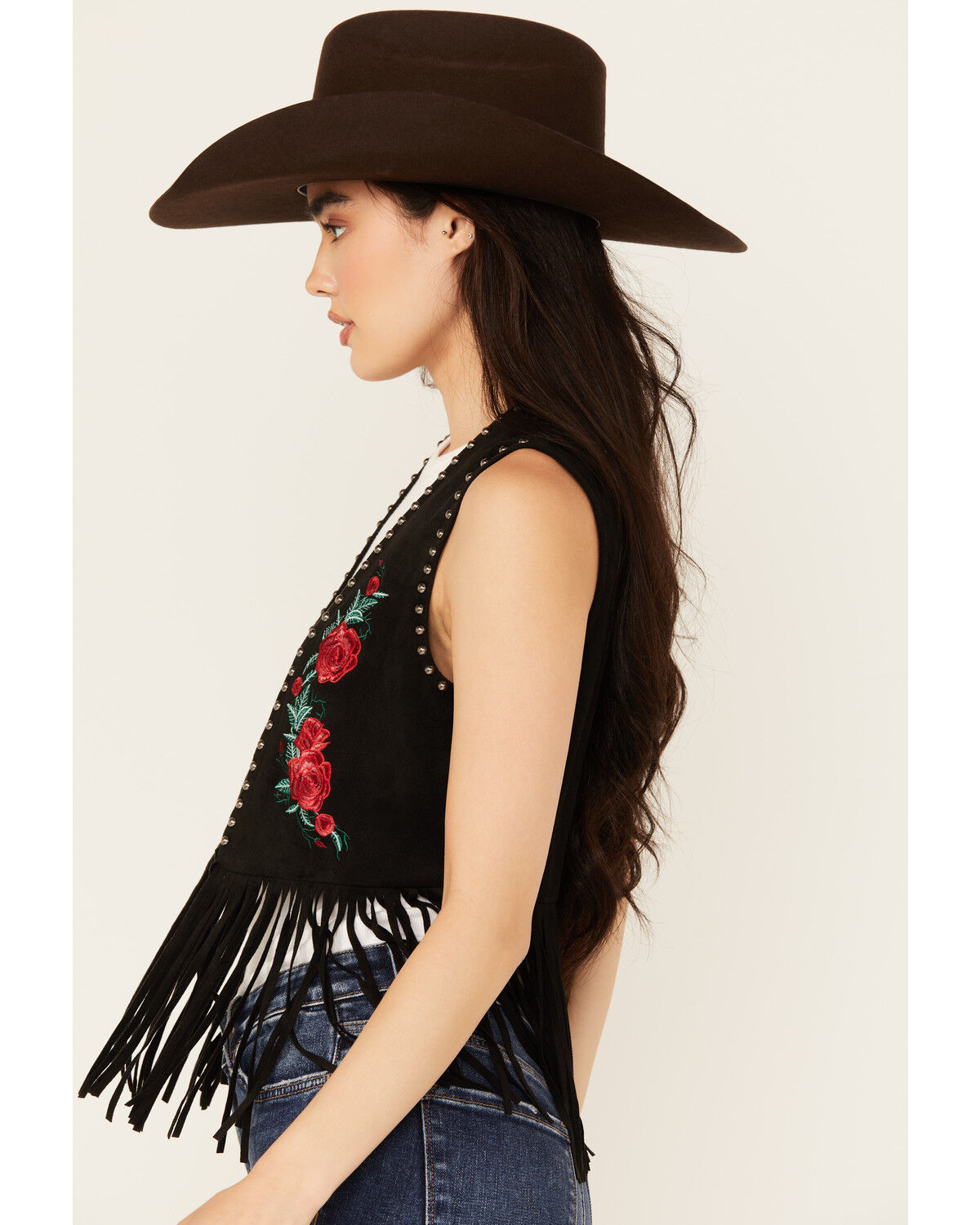 Vocal Women's Embroidered Rose Faux Suede Fringe Vest