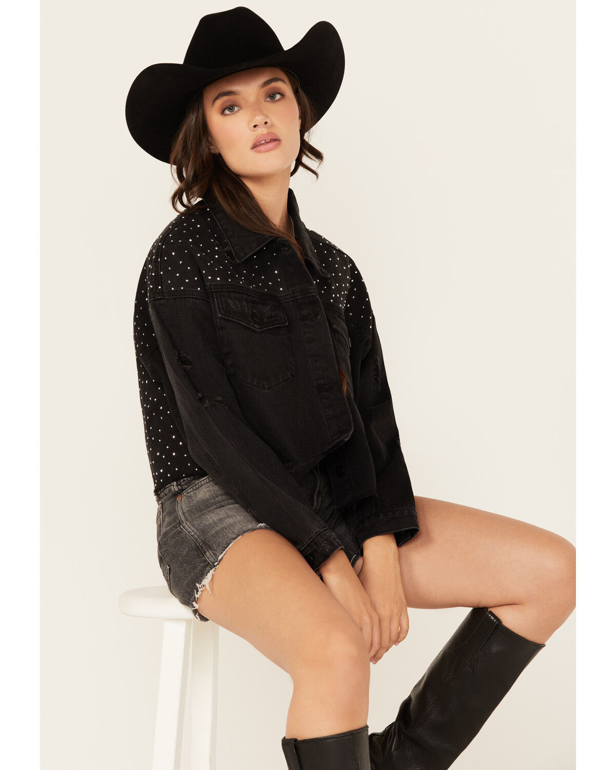 Blue B Women's Rhinestone Studded Cropped Denim Jacket