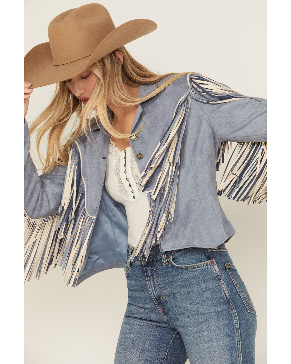 Saints & Hearts Women's Faux Fringe Suede Button-Down Jacket