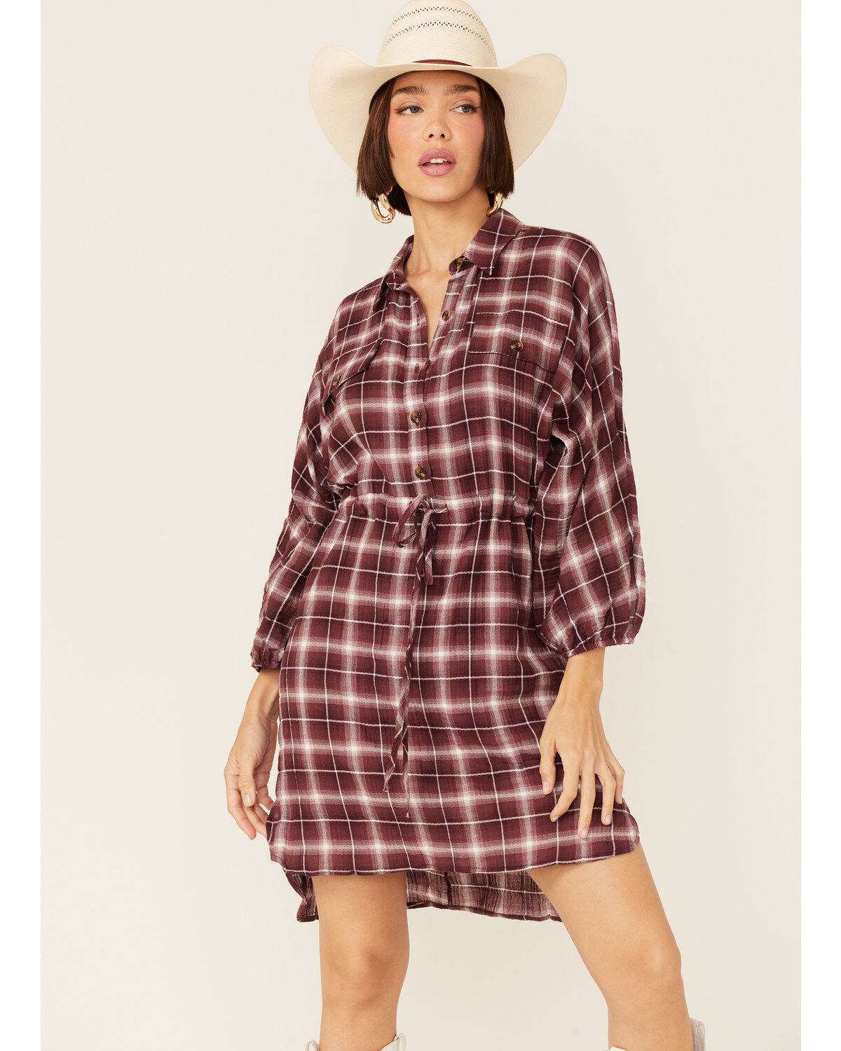 Wild Moss Women's Burgundy Long Sleeve Plaid Shirt Mini Dress