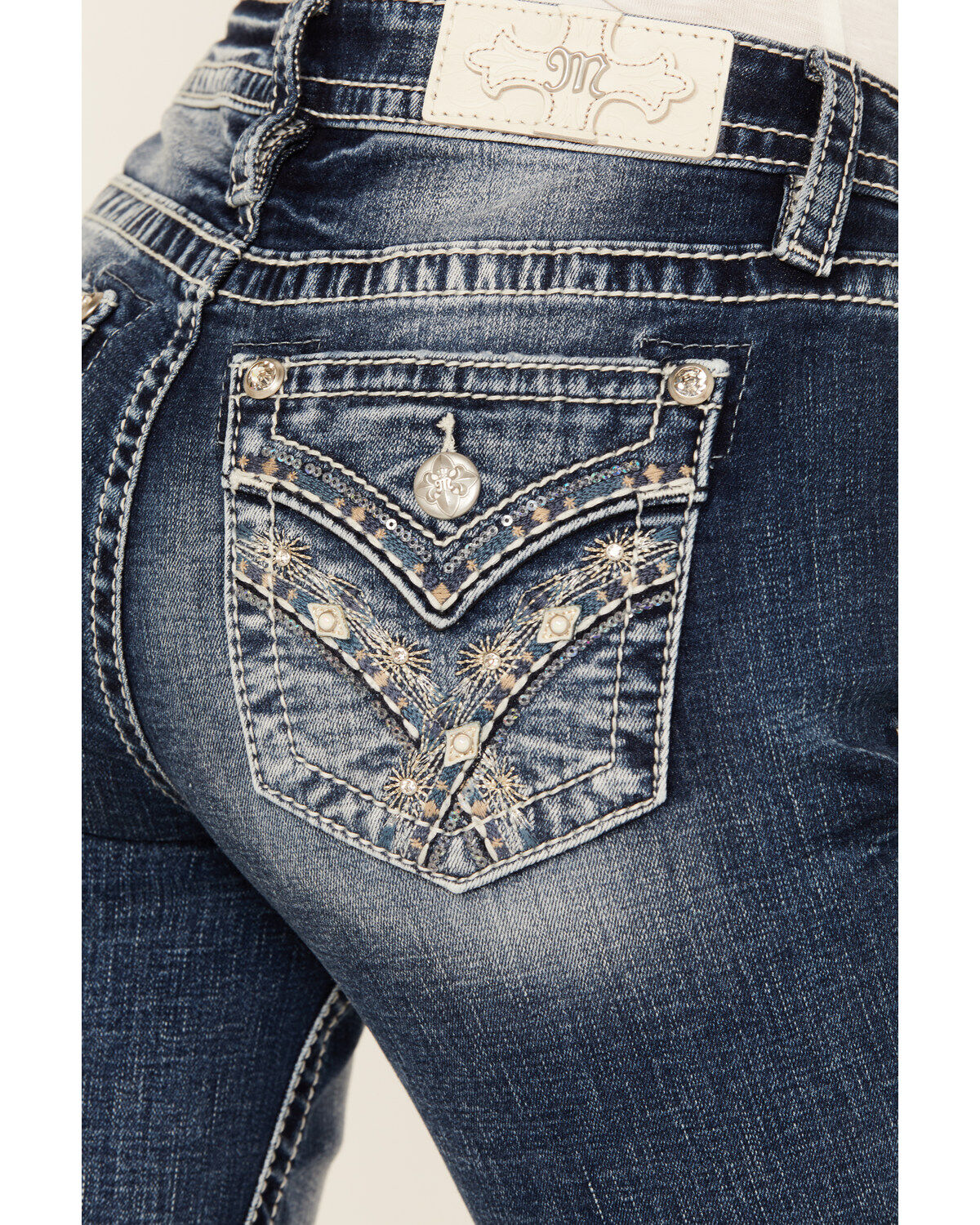 Miss Me Women's Dark Wash Mid Rise Faux Flap Pocket Bootcut Stretch Denim Jeans