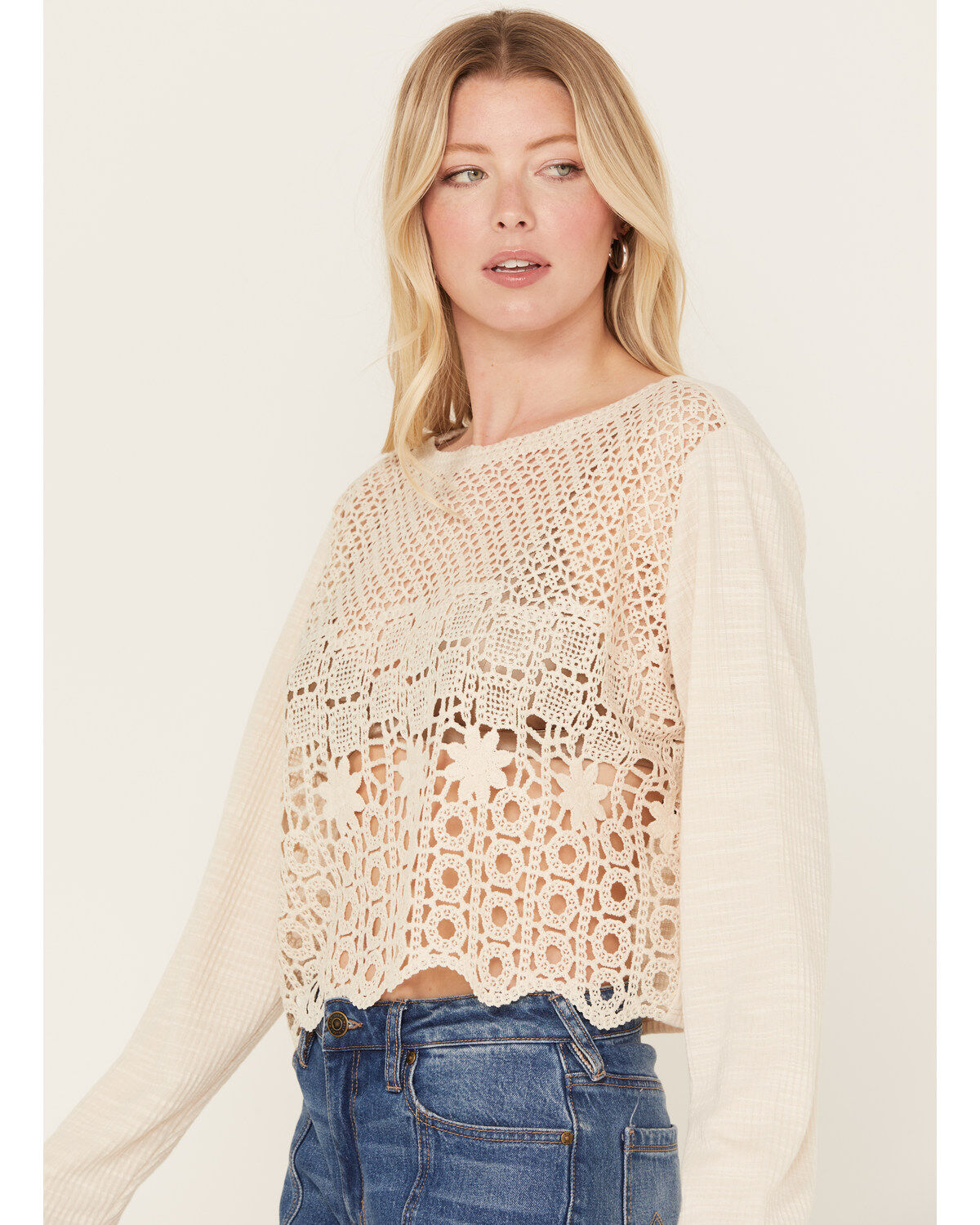 Wild Moss Women's Crochet Front Knit Top