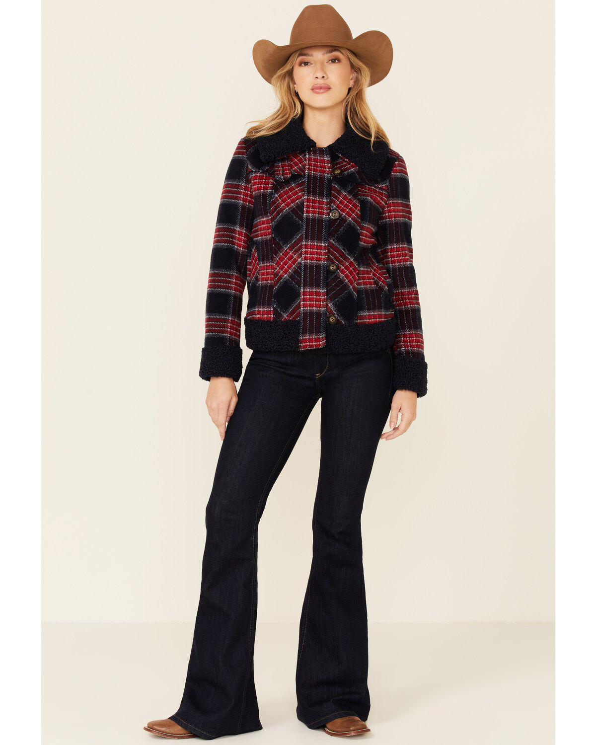 Powder River Outfitters Women's Red & Navy Plaid Button-Front Wool Sherpa Coat