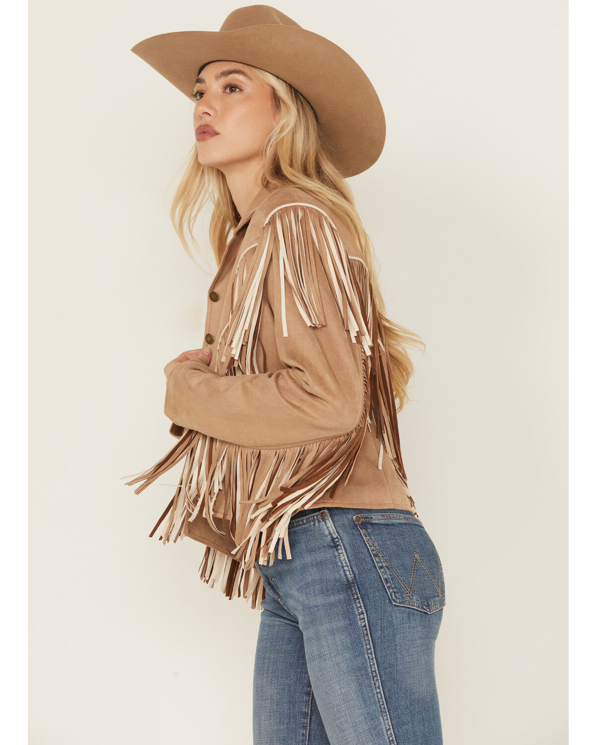 Saints & Hearts Women's Faux Fringe Suede Button-Down Jacket