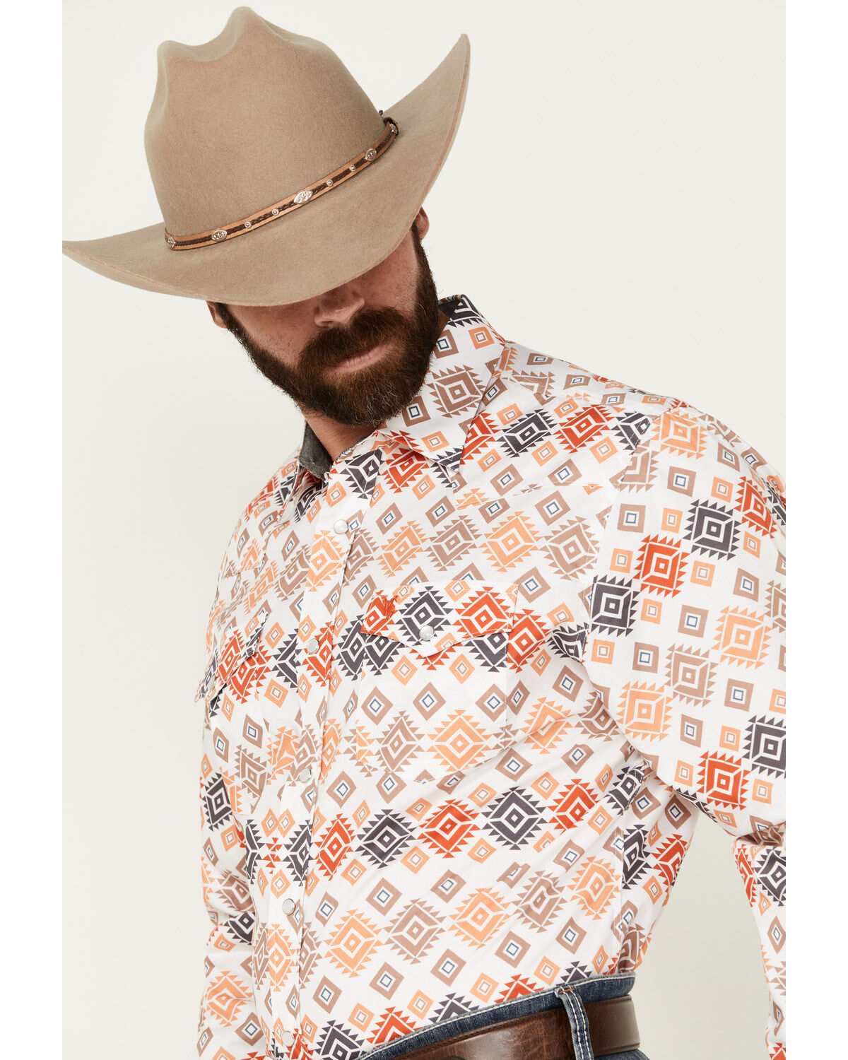 Rodeo Clothing Men's Southwestern Print Long Sleeve Pearl Snap Western Shirt