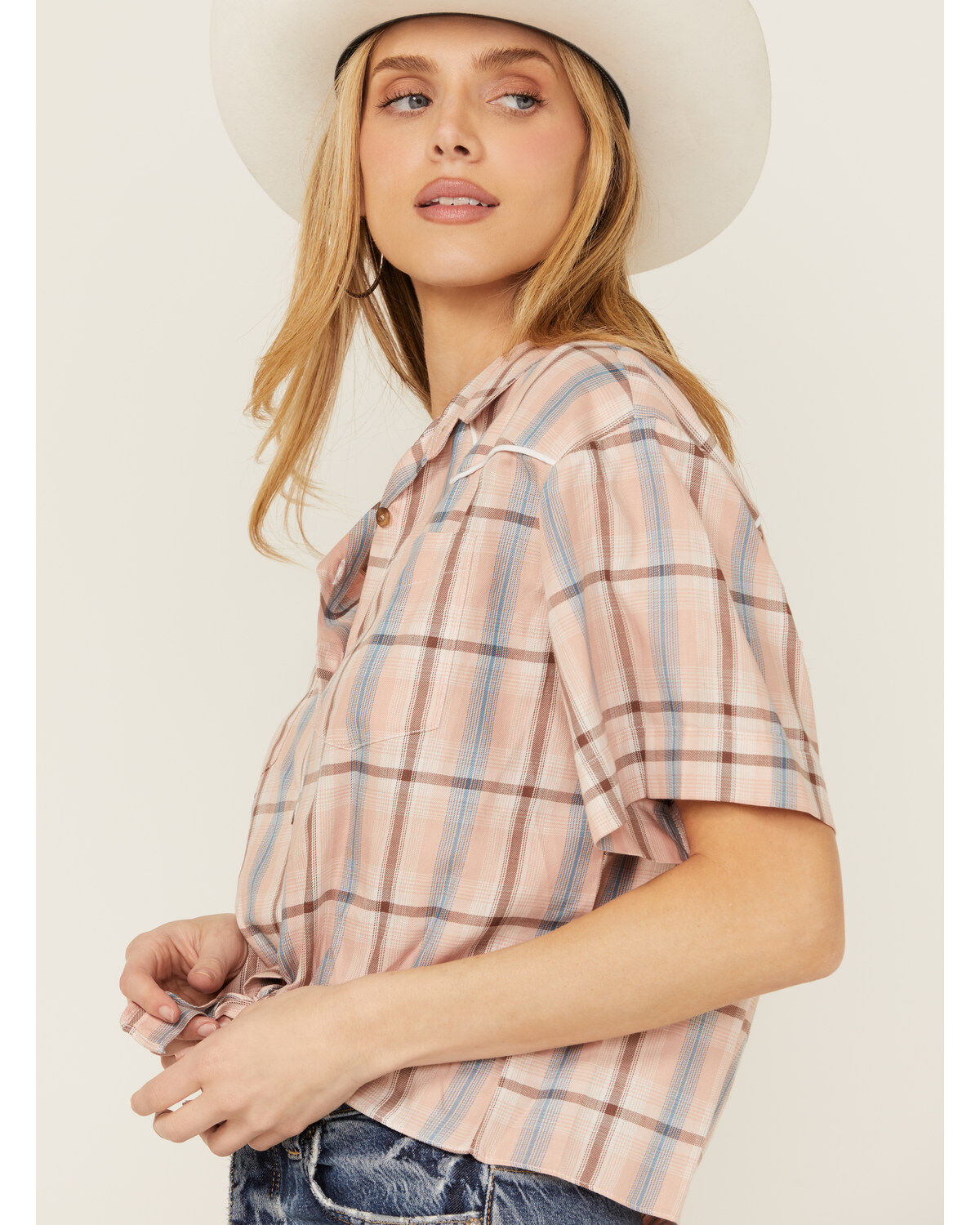 Cumberland Outfitters Women's Plaid Print Short Sleeve Button-Down Western Shirt