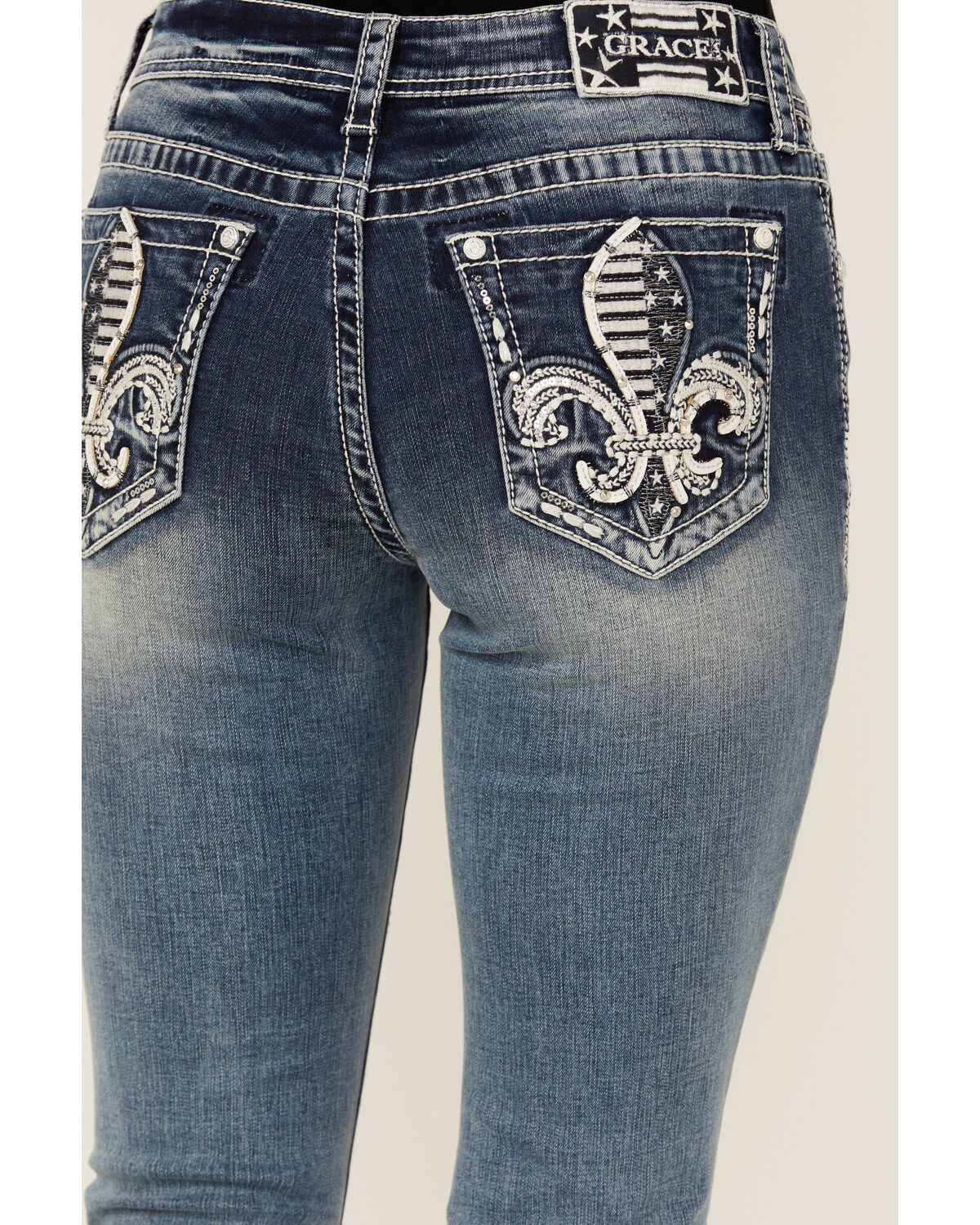 Grace In LA Women's Medium Wash Americana Fleur De Lis Mid Rise Bootcut Stretch Denim Jeans