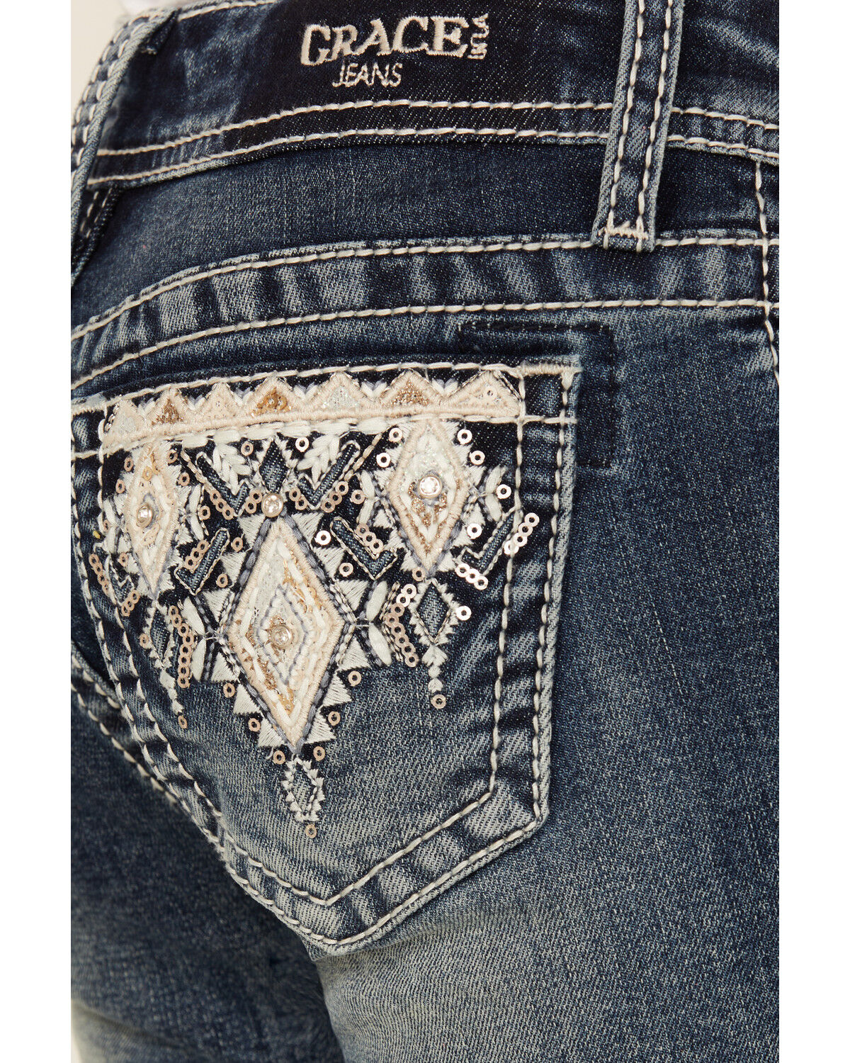 Grace In LA Girls' Chevron Embroidered Medium Wash Bootcut Stretch Denim Jeans