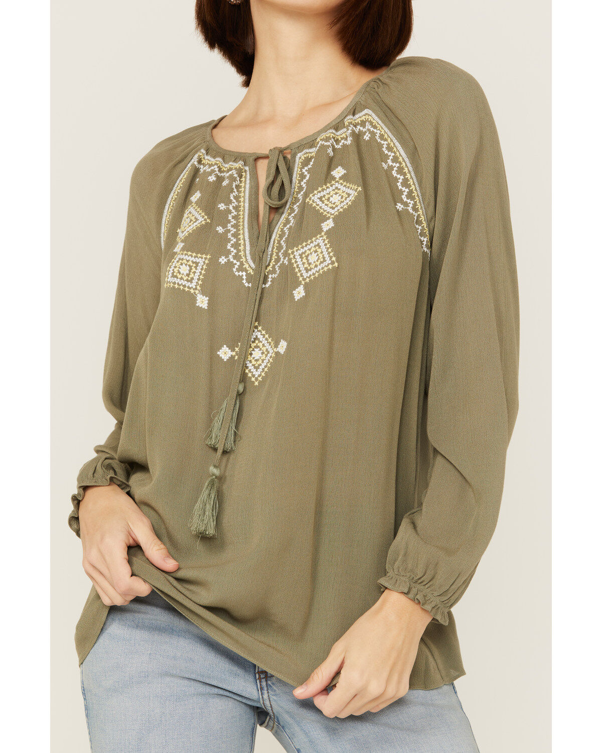 Miss Me Women's Olive Embroidered Southwestern Tassel Top